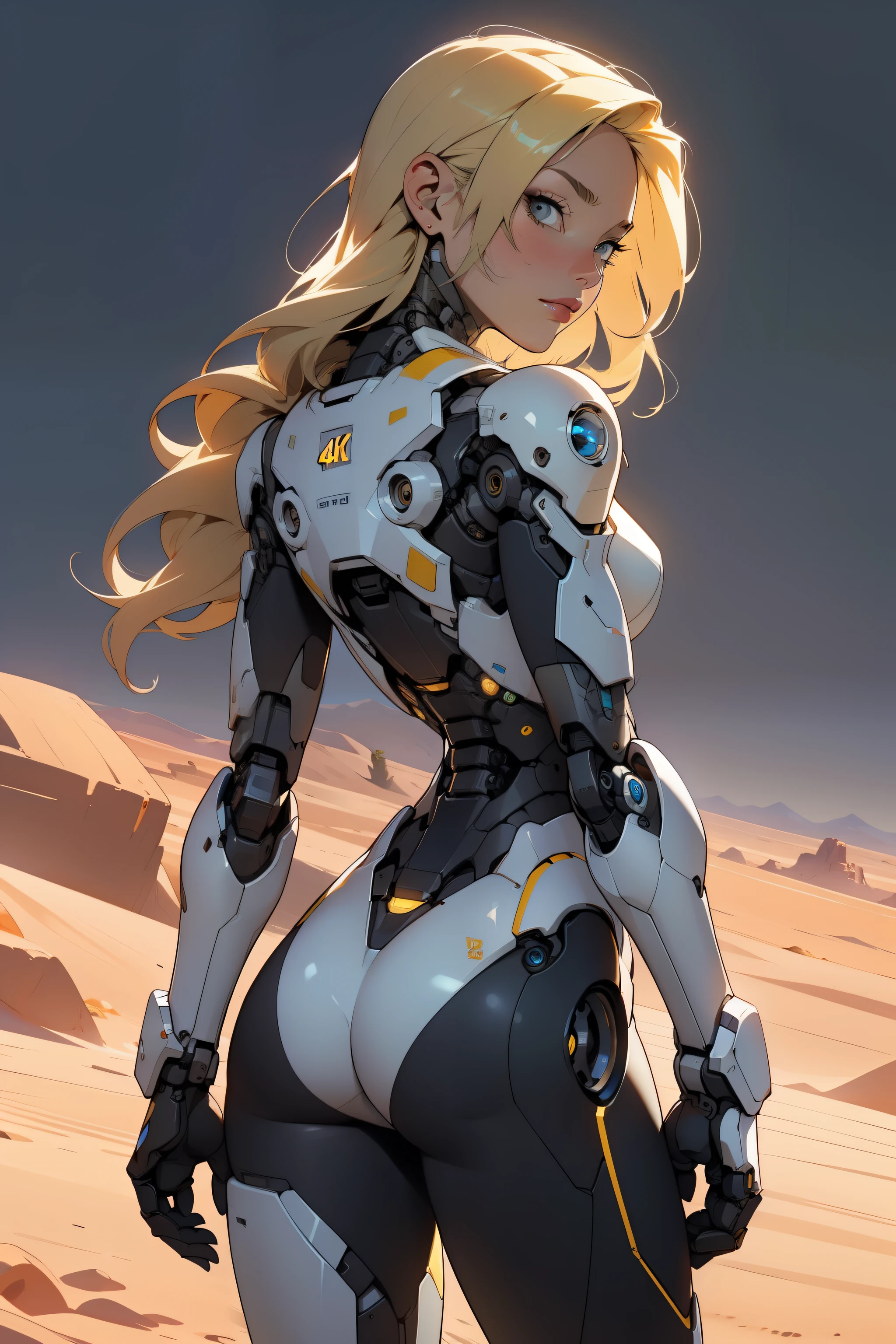 high quality, 4k, masterpiece, beautiful, cyborg girl, cowboy shot, dull eyes, back side, turning around to look at viewer, long blonde hair, girl, small breasts, fit thigh, robotic arms, robotic body, cyborg body, yellow accent, redaccent, intricate detail, joint, detailed lines, robotic detail, holding fist up, holding hand up as fist, color robotic parts, robotic parts with color, perfect fingers, on a desert planet, sunny background, colorful desert,