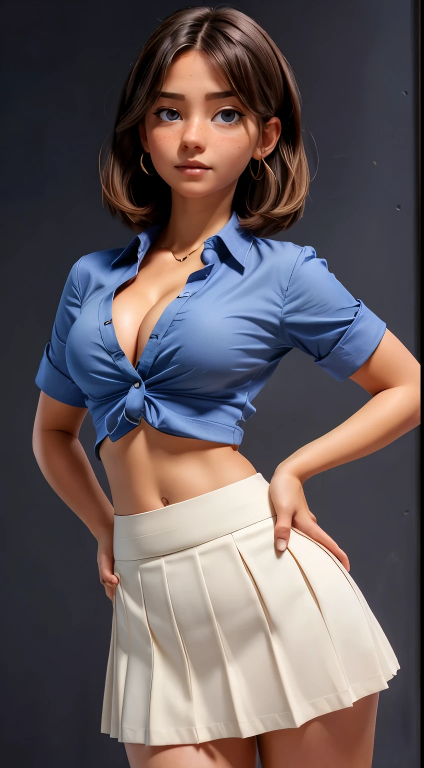 [Big|small] breasts, (simple background), unbuttoned shirt, cropped shirt, long cleavage, staring at viewer, (short cropped skirt, pleats skirt, big ass), sexy pose, sexy teacher, tall young body, short sexy hairstyle