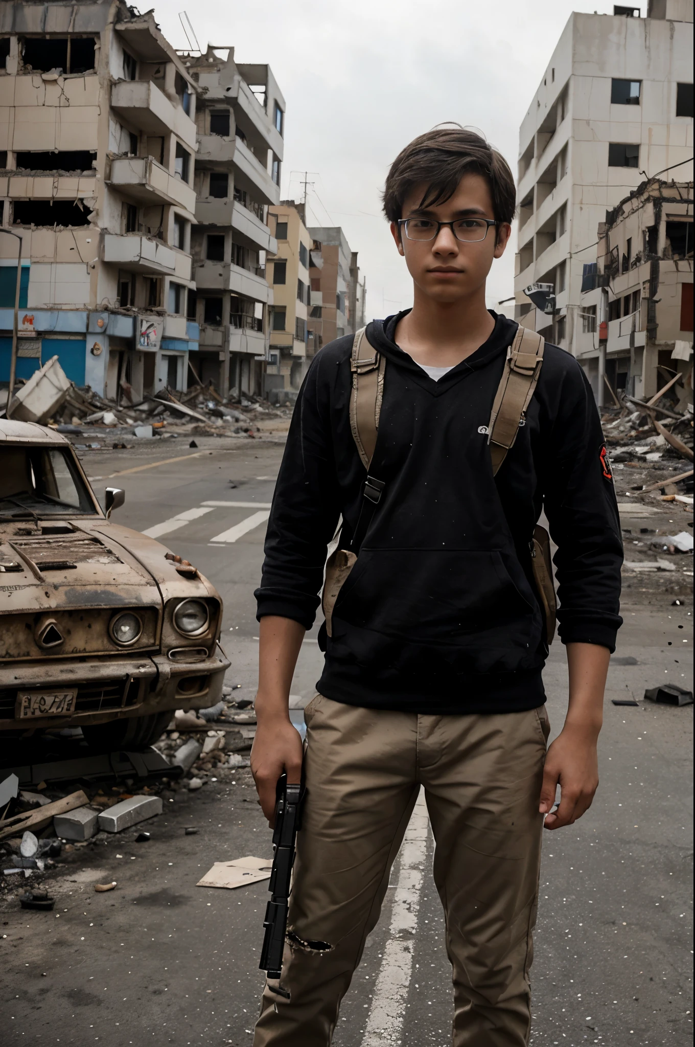 A teenage boy in glasses with a machine gun in his hands stands on the street of a destroyed city, against the background of burned-out tanks