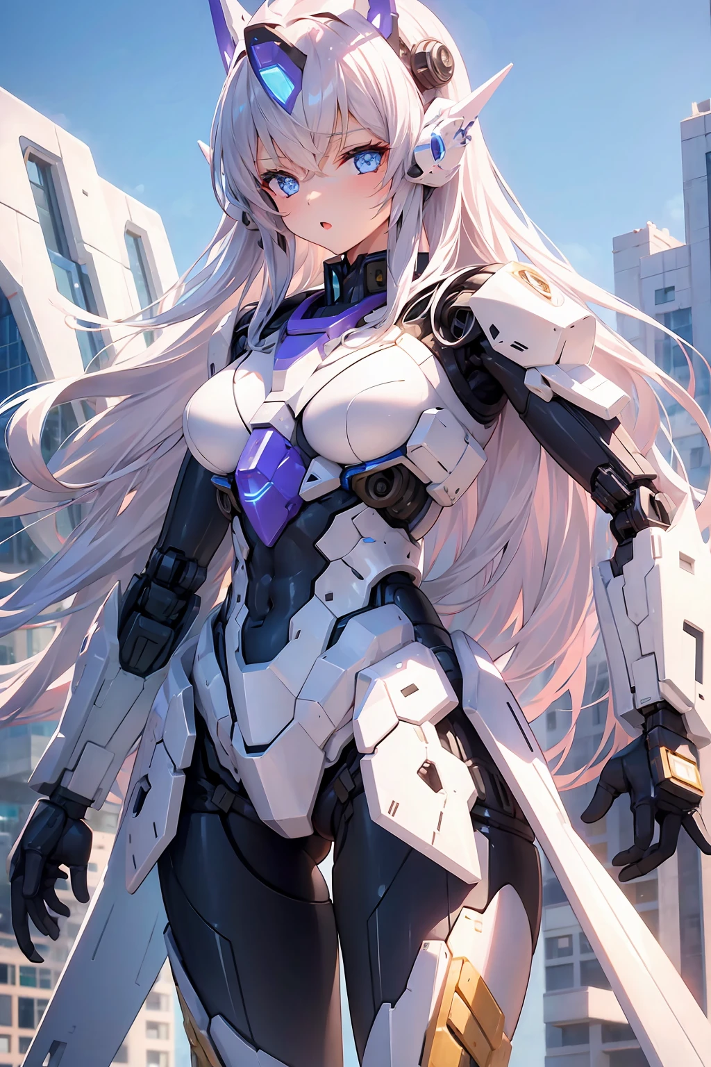 (Girl in high tech bodysuit flying over the city of the future:1.5), (Futuristic city:1.5), visor, Headgear, (Little Mecha Wings:1.5), masutepiece, Ultra Detailed CG, Ultra-detailed details, 8K Wallpaper, (Perfect female figure:1.5), Huge natural BR...
