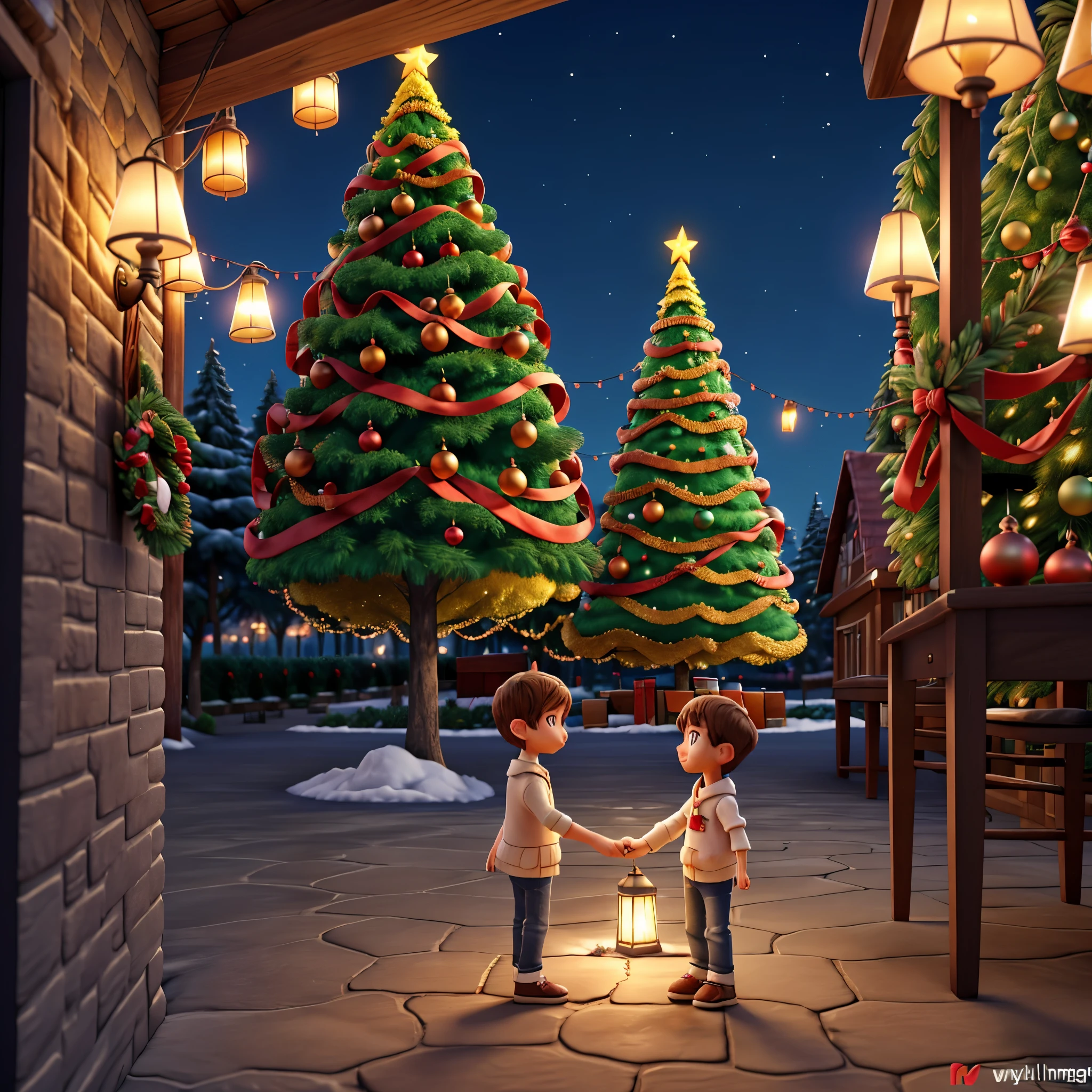 Thick white snow world，A huge Christmas tree stands 20 meters high in the middle of the town，It&#39;s covered with starry lanterns，diamond，Christmas tree with thick snow on the branches，Echoing the lights，The sky still snowing，In front of the Christmas tree, a boy and girl hold hands and look at the tree and make beautiful vows，ultra HD picture quality，Hyper-detailed depiction，Color rendering with sharp contrast，Perfect proportions，Dream love beautiful，逼真光线，Trends，tmasterpiece，Handwriting，8k，Cinematic texture，Intricate decorative details，Christmas close-up，Couple under the tree deep path Equirectangular_360 Circuit UnrealEngine5 Ultra Masterpiece sunlight Cinematic lighting ultra_high-def ultra_Photo-realistic optimal ultra_high-quality opengl-shaders ultra_high-details accurate reflex ultra_high-res perfection volumetric lightning improved Octane_rendues UHD XT3 DSLR HDR 3dcg shadow analogiques extatiques symmetrical dazzling Will-o'-the-wisp global luminescence varied multi etc. --s 1000 --c 20 --q 20