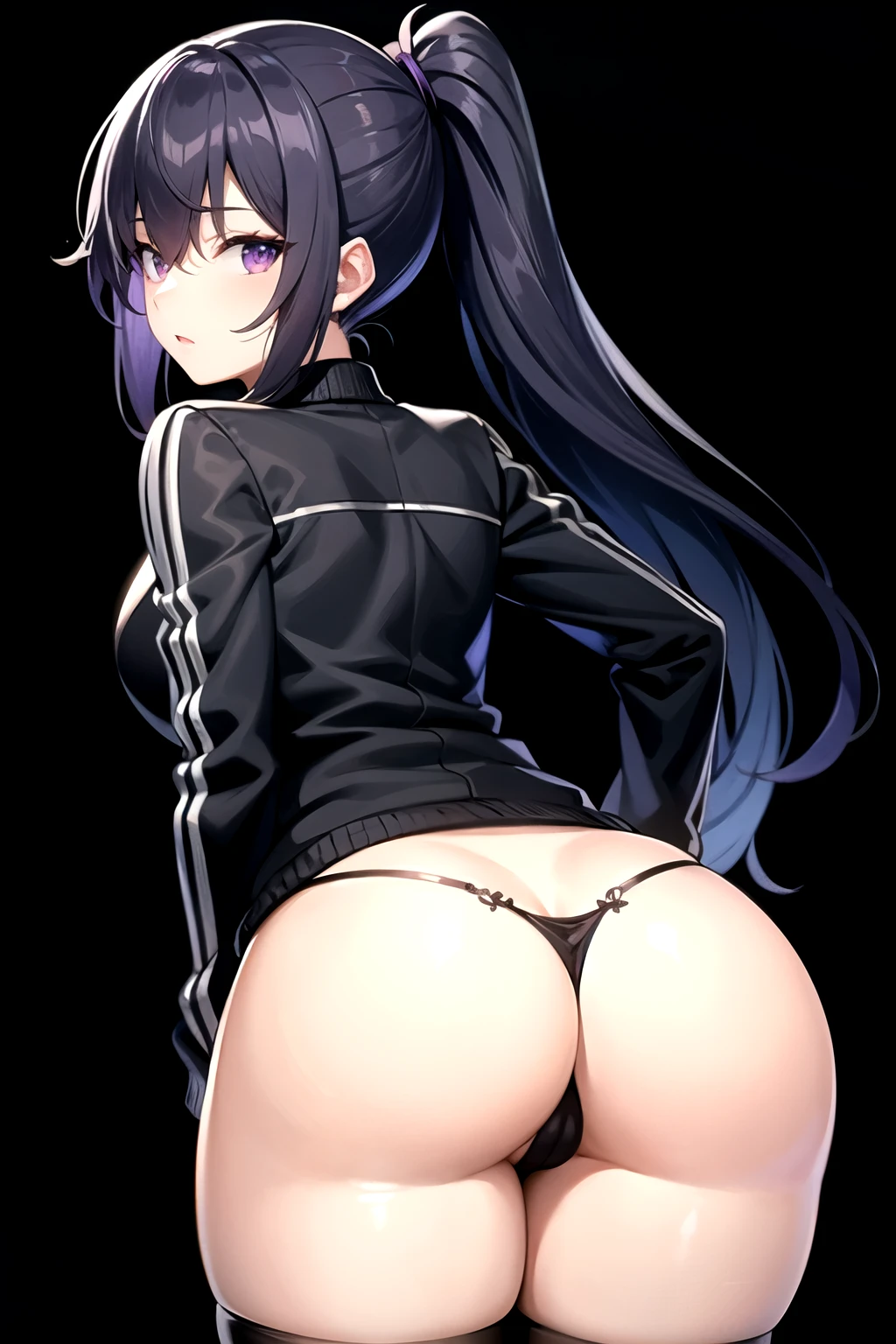 Black purple hair, ponytail hair, long hair, girl, beautiful girl, cute, sexy, wearing a jacket, black panties, hot, black stocking, eyes, black and purple eyes, flower from behind, 4K, ((masterpiece)), ((best quality)), plain black background