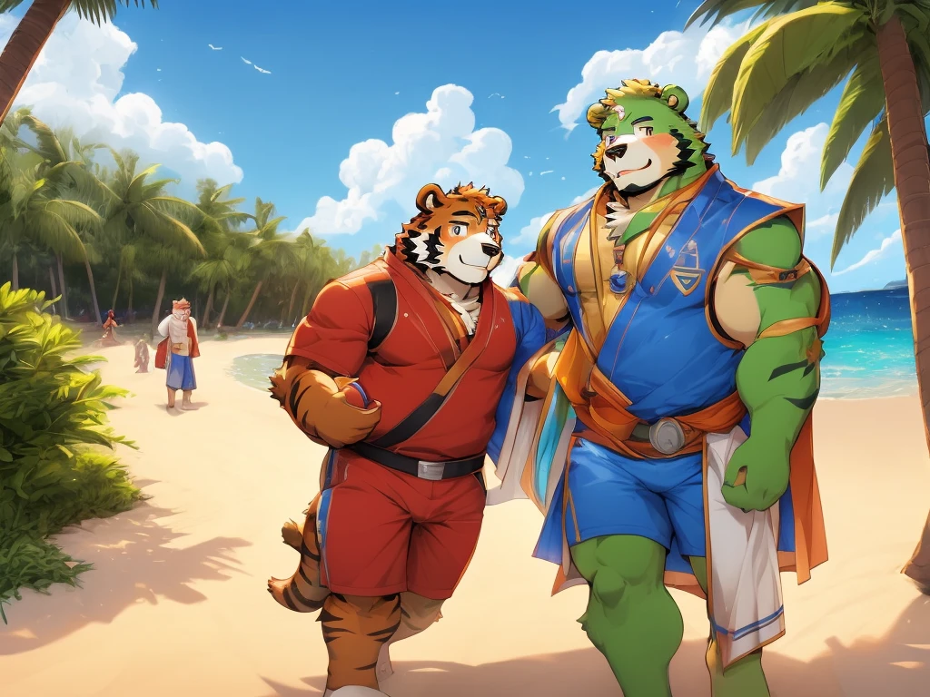 6boy, anthro ((tiger)) with anthro ((bear)) with anthro (fox) with anthro (husky) with antrho (lion) with anthro (dog), ((kosutora)) going out with ((jinpei)) with their furry friends, beach costume, playing basketball near beach coast, beach scenery, clear blue sky, white clouds, cool sunlight, bird eye views, mature, handsome