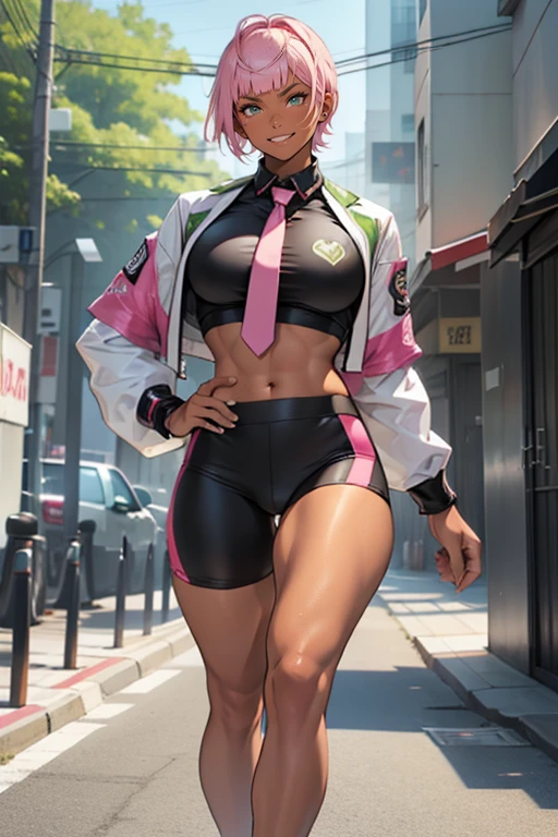 pink hair, (short bangs hair:1.36). Alafe Street Fighter、Metallic Lime Green and Metallic Black Martial Arts Uniform、Big breasts about to burst、Shirt with metallic white breast pocketreasts pocket、neck tie、thin and long legs,、Pose ready to fight、Fitness Model、musc、abdominals、Height 175cm, (((tanned skin)))、glistning skin、Cool smile、full-body view、