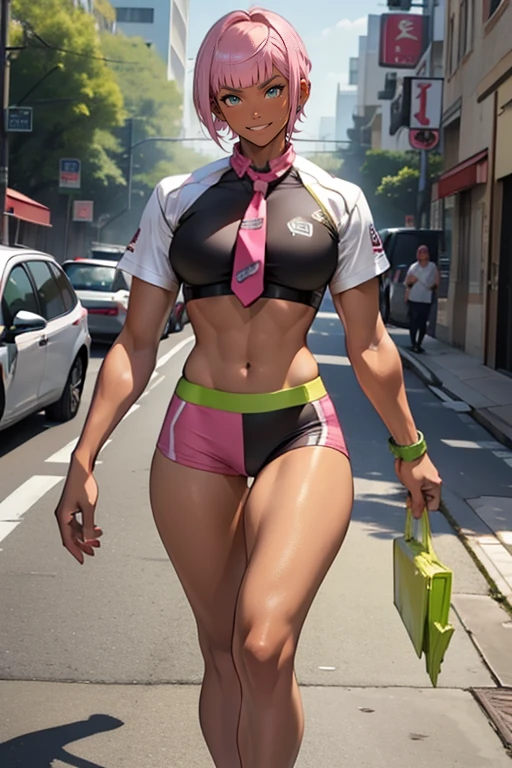 pink hair, (short bangs hair:1.36). Alafe Street Fighter、Metallic Lime Green and Metallic Black Martial Arts Uniform、Big breasts about to burst、Shirt with metallic white breast pocketreasts pocket、neck tie、thin and long legs,、Pose ready to fight、Fitness Model、musc、abdominals、Height 175cm, (((tanned skin)))、glistning skin、Cool smile、full-body view、