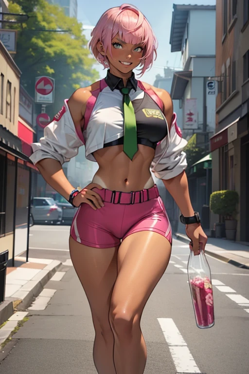pink hair, (short bangs hair:1.36). Alafe Street Fighter、Metallic Lime Green and Metallic Black Martial Arts Uniform、Big breasts about to burst、Shirt with metallic white breast pocketreasts pocket、neck tie、thin and long legs,、Pose ready to fight、Fitness Model、musc、abdominals、Height 175cm, (((tanned skin)))、glistning skin、Cool smile、full-body view、