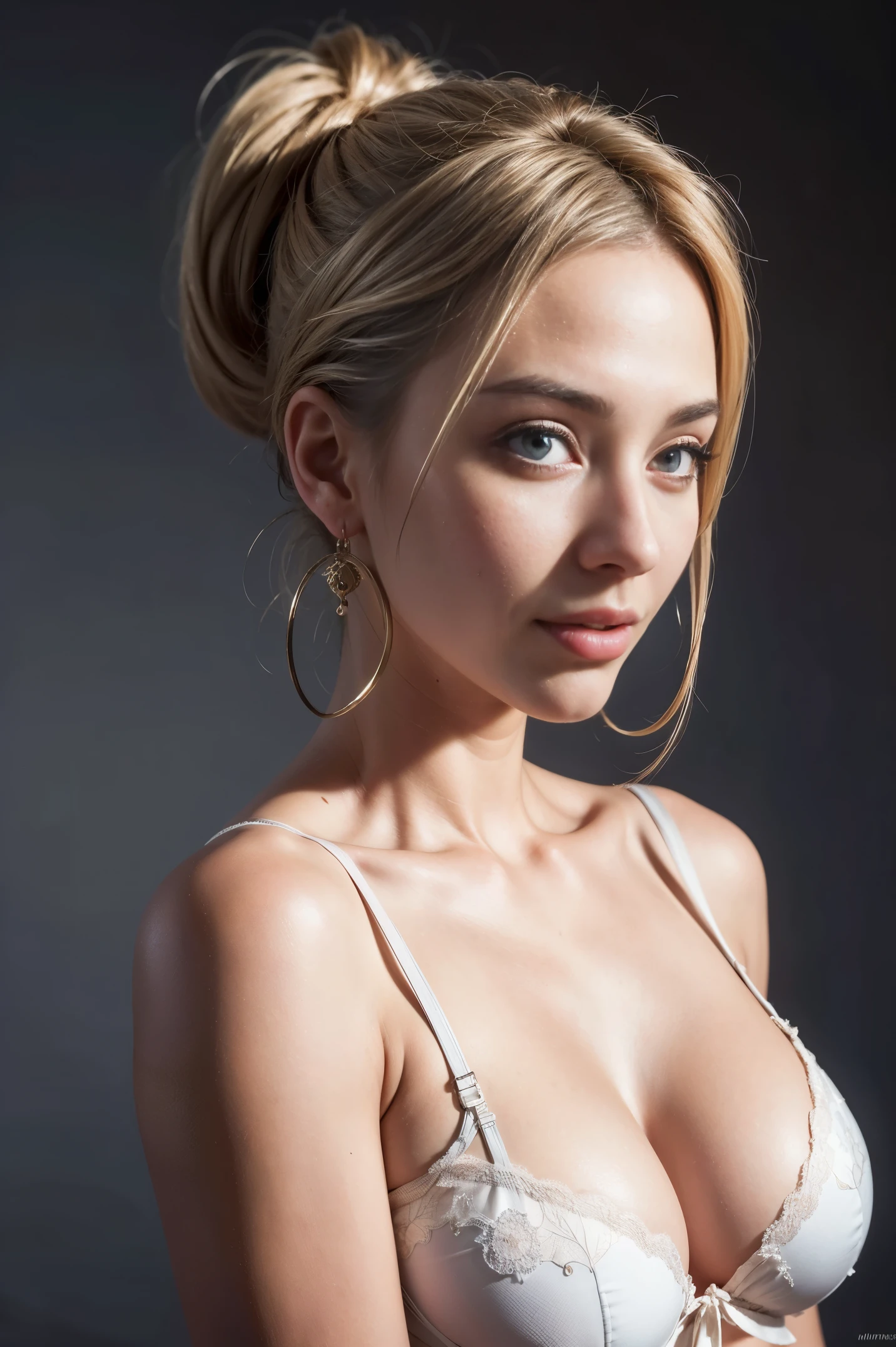 model Sofia Jamora, in shiny cream latex bralettte, dark blonde hair tied back, wearing pearl necklace, nose stud jewelry, wearing hoop earrings, ultra sharp focus, sexual expression on face, open mouth (high detailed skin:1.2), 8k uhd, dslr, high quality, film grain, Fujifilm XT38k, {{1girl}}
