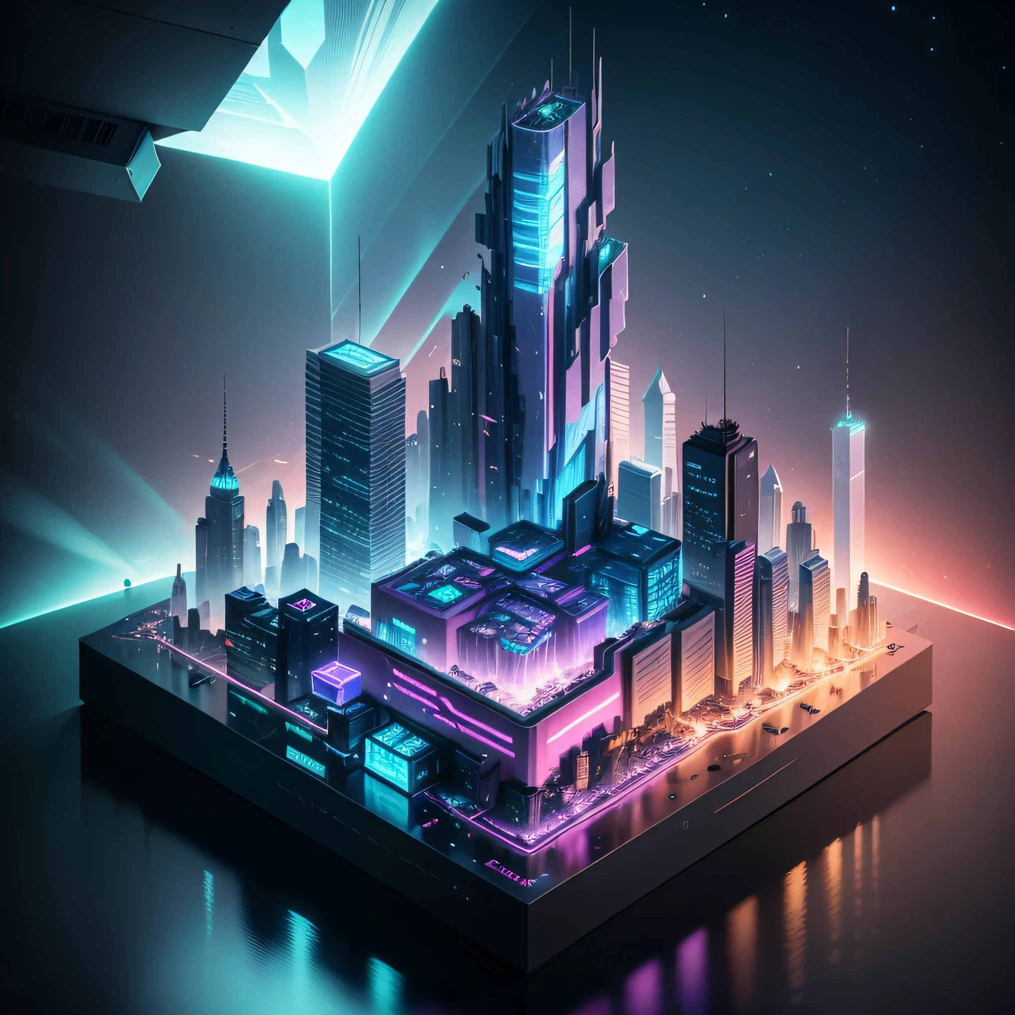 dskise, (isometric) , (flower), (vaporwave), isometric cutaway of a crystalized dilapidated city, cityscape, volumetric lighting ,FXAA, Chromatic Aberration, Concept Art, 8k Concept Art, Greg Rutowski, (unreal engine), octane render, dskise