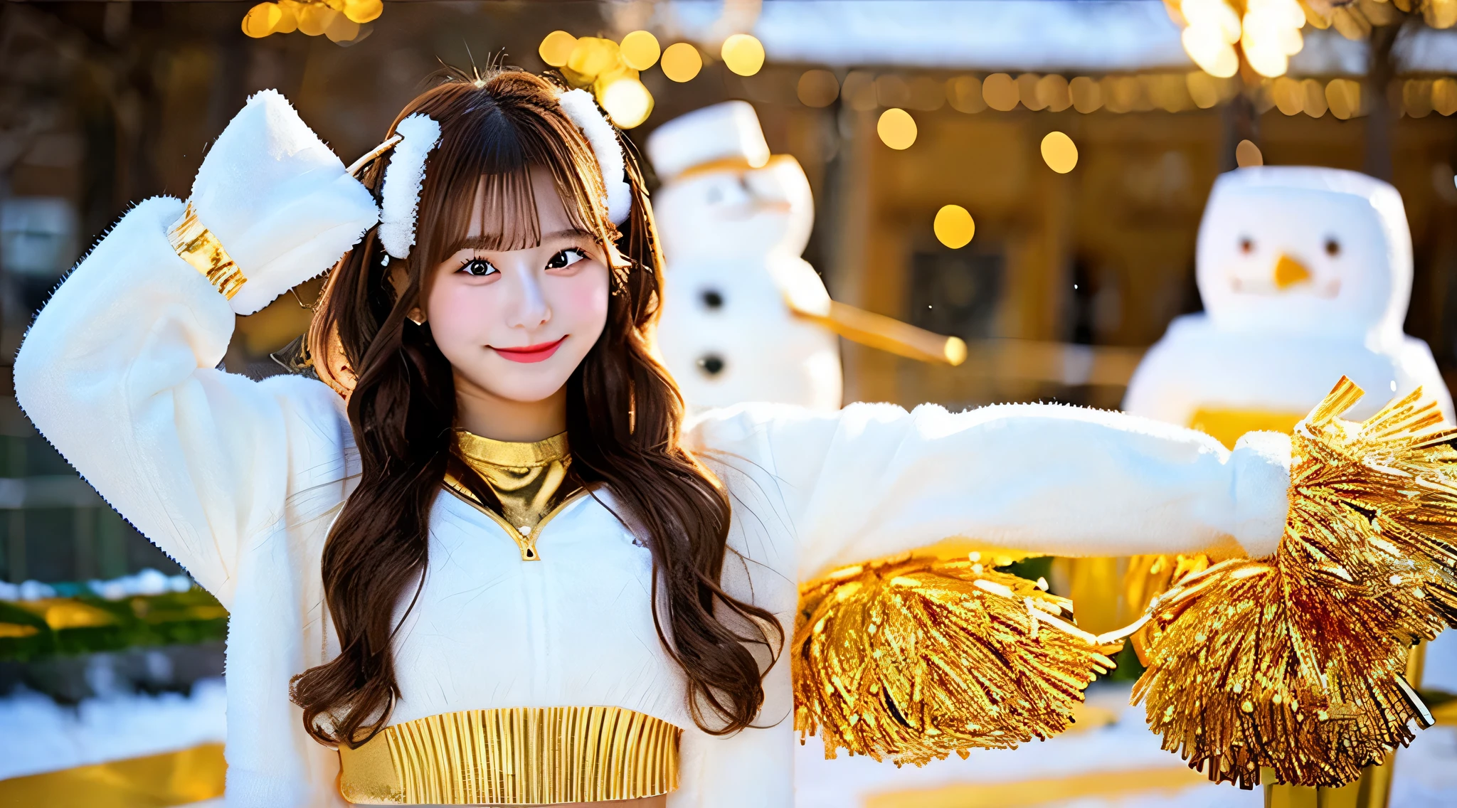Cute cheerleader 18 years old wearing a golden miniskirt、The background is a snowman
