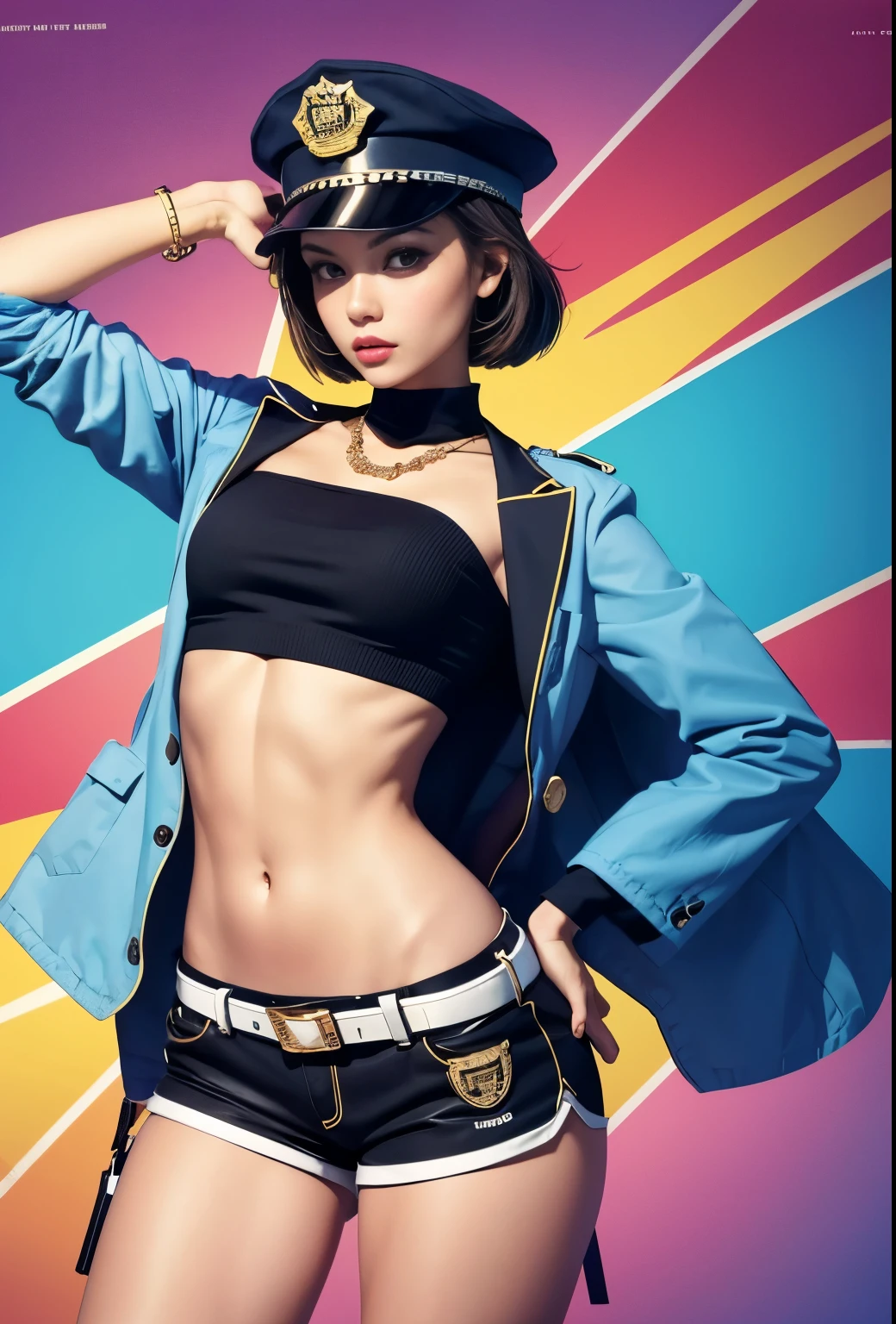 ))), (((ultra detailed))), (((masterpiece))), illustration,(Magazine cover-style illustration of a fashionable woman in a vibrant outfit), posing in front of a colorful and dynamic background. She has a confident expression and is holding a statement accessory, The text on the cover should be bold and attention-grabbing, with the title of the magazine and a catchy headline. The overall style should be modern and trendy, with a focus on fashion and lifestyle),

1girl,solo,looking at viewer, glossy skin, contrapposto,  navel, midriff, necklace, female focus,model,medium breasts, ,street,in public,police hat, police uniform, handcuffs,short shorts, arms crossed,
cool, see-through, school uniform,jitome,
,underboob,floating hair, sexy ,fine fabric emphasis, dynamic pose, negative space:0.35, realistic:1.33,