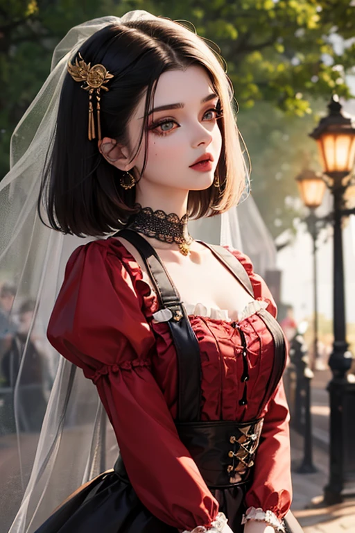 Beautiful ,actress, aishwaryarai 1girl, masterpiece, best quality, ultra-detailed, beautiful detailed, (((extremely detailed face))), (((blunt bangig frills and ribbon))), grin, (((red blouse))), (black skirt), suspender dress, frills, lace, (long hair), ((garter belt)), (((piercing jewelry))), (((look down))), (dirty street), (jack o lantern), (Red Riding Hood), (crowd), ((short bob hair))
