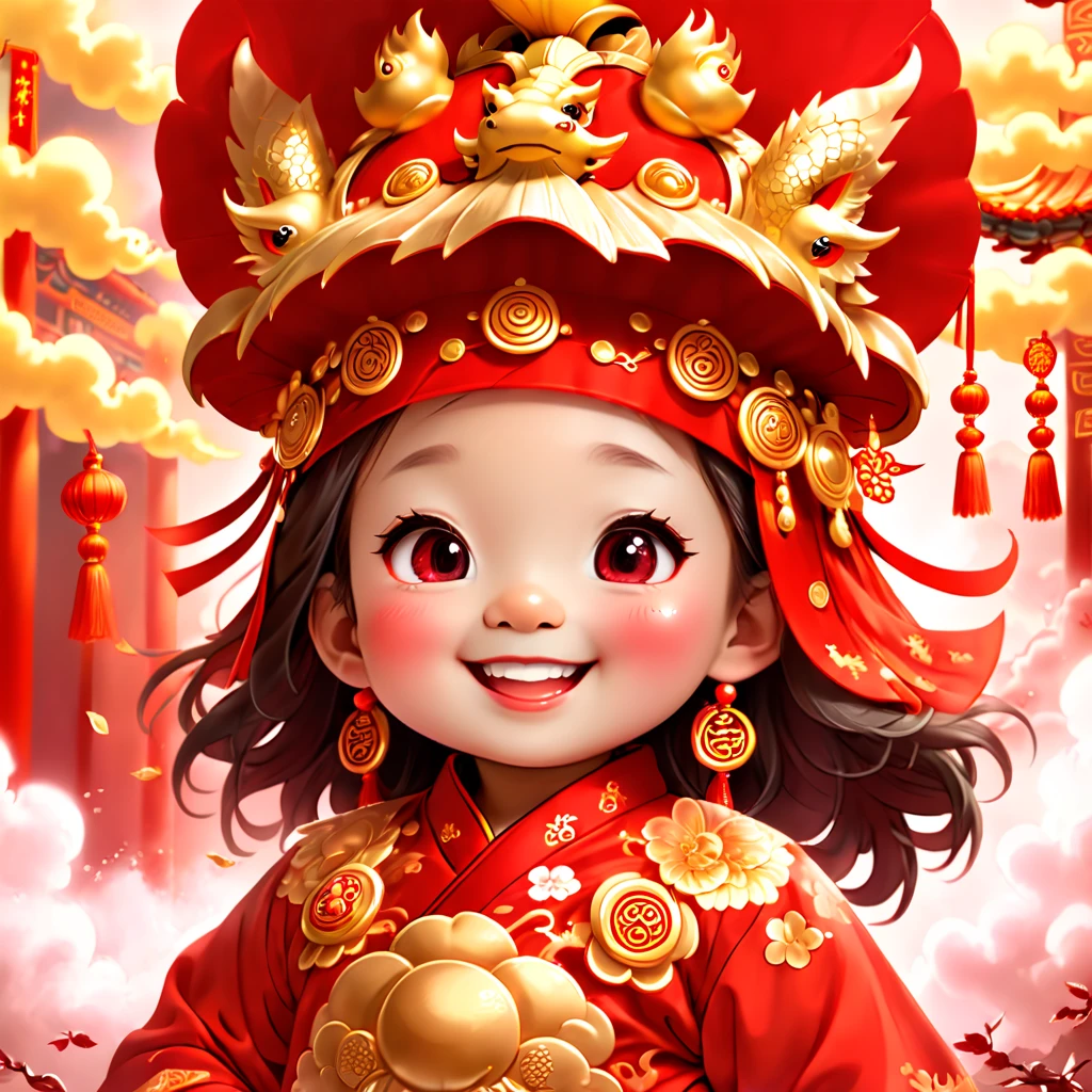 (closeup of face: 1.8), 3D character rendering,(Vector illustration style),((1 girl,The image of the laughing God of Wealth baby can be designed as a child wearing a gorgeous Chinese red costume,Gold cloud and dragon patterns can be embroidered on clothes,Shows the meaning of wealth and prosperity)),((lack of expressivenesaby God of Wealth has a kind and confident expression,The eyes are full of wisdom,laughing heartily,It gives a sense of reassurance)),((The God of Wealth’s hair can be designed into a red official hat,A ruby can be set in the hat,Demonstrate authority and dignity)), ((Chinese element background,Auspicious cloud background)), (Perspectives, first person perspective, Ghibli-style colors, with light glowing, 电影灯光, hyper HD, tmasterpiece, Acura, Anatomically correct, ctextured skin, super detailing, high detal, high high quality, Award-Awarded, Best quality, 16k), Pop Mart blind box, 3 Rendering,