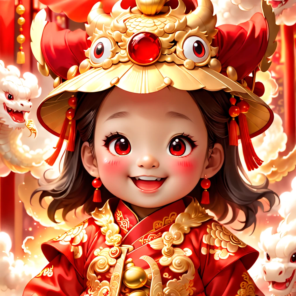 (closeup of face: 1.8), 3D character rendering，(Vector illustration style)，((1 girl，The image of the laughing God of Wealth baby can be designed as a child wearing a gorgeous Chinese red costume，Gold cloud and dragon patterns can be embroidered on clothes，Shows the meaning of wealth and prosperity))，((lack of expressivenesaby God of Wealth has a kind and confident expression，The eyes are full of wisdom，laughing heartily，It gives a sense of reassurance))，((The God of Wealth’s hair can be designed into a red official hat，A ruby can be set in the hat，Demonstrate authority and dignity)), ((Chinese element background，Auspicious cloud background)), (Perspectives, first person perspective, Ghibli-style colors, with light glowing, 电影灯光, hyper HD, tmasterpiece, Acura, Anatomically correct, ctextured skin, super detailing, high detal, high high quality, Award-Awarded, Best quality, 16k), Pop Mart blind box, 3 Rendering，