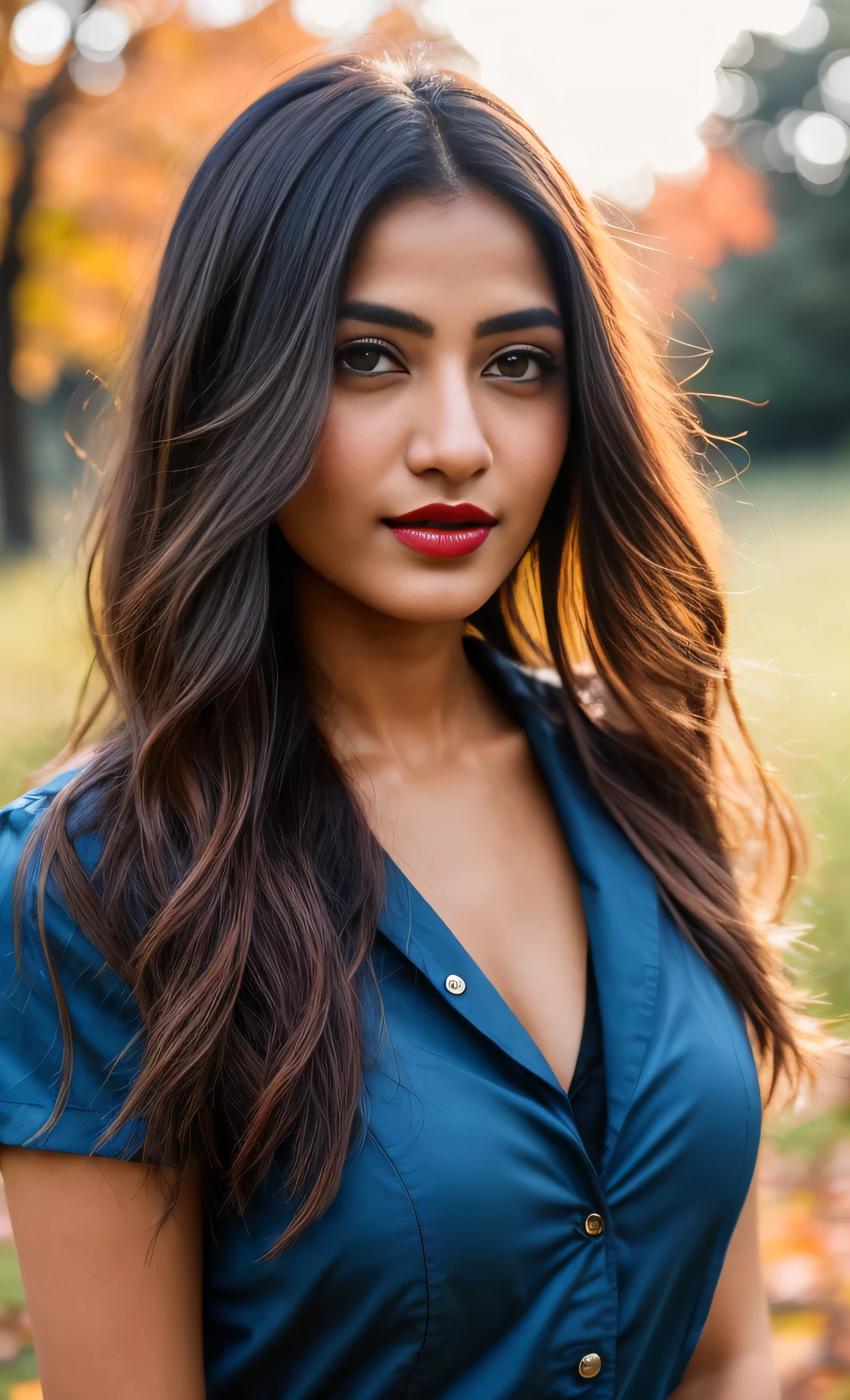 photo portrait of beautiful indian female model, wearing blue tip, outside on a sunny autumn day, looking at viewer, lense flare, (realistic eyes, symmetric face:0.8) (masterpiece:1.2) (photorealistic:1.2) (bokeh) (best quality) (detailed skin) (intricate) (8k) (HDR) (cinematic lighting) (sharp focuig breast, big natural lips, dark red lips, sparkling day dreams eyes.