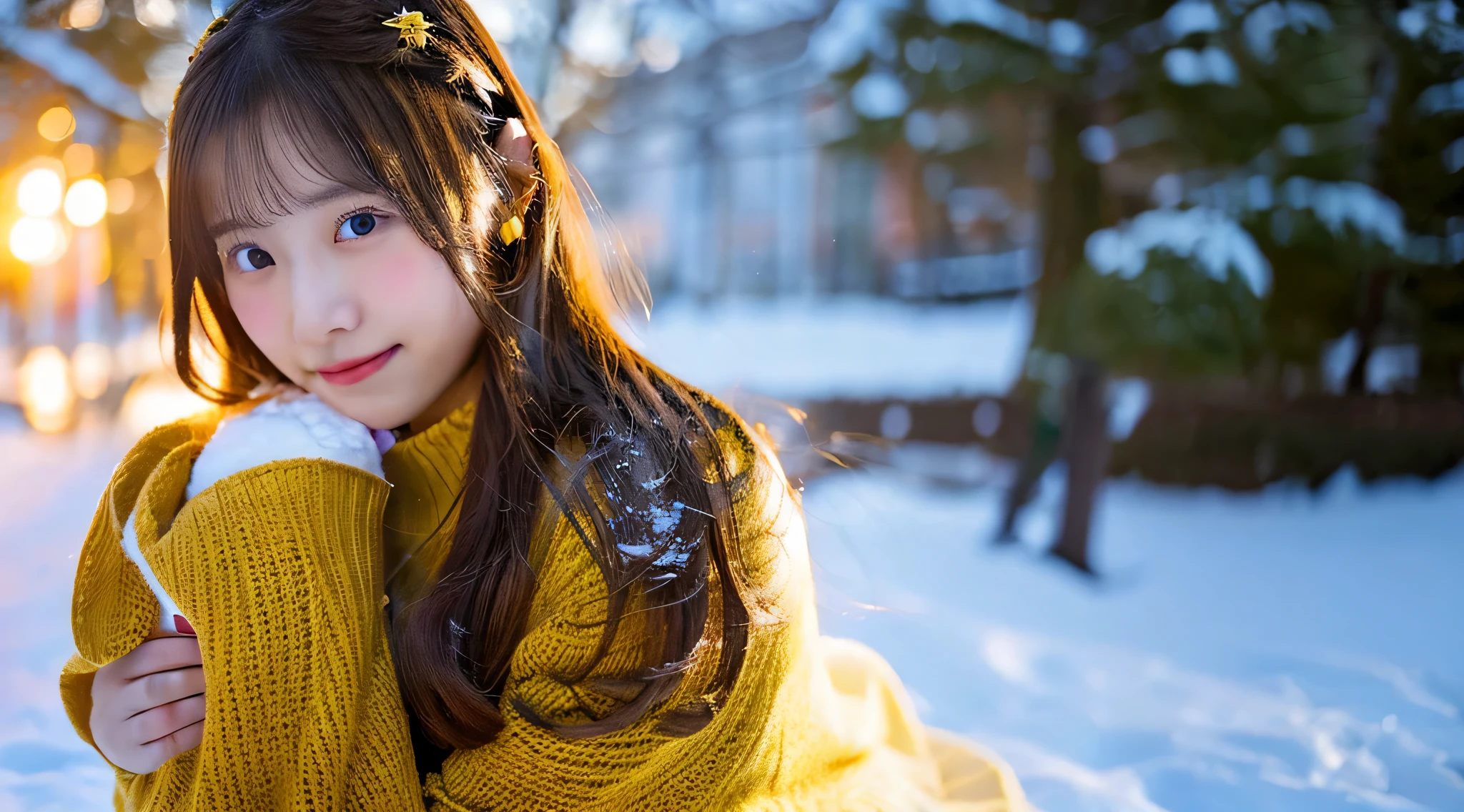 Cute high school girl, 18 years old, wearing a golden miniskirt、The background is a snowman