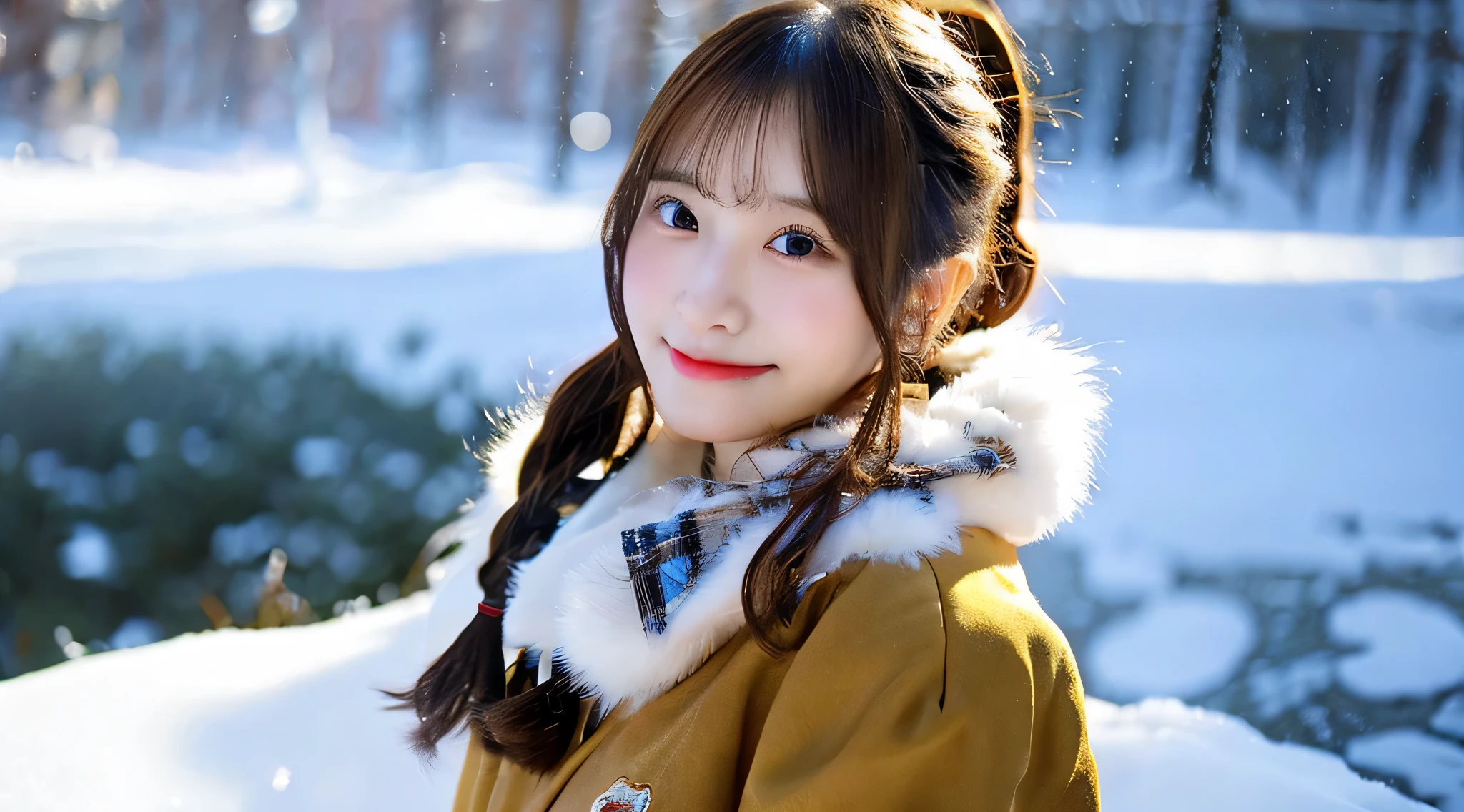 Cute high school girl, 18 years old, wearing a golden miniskirt、The background is a snowman
