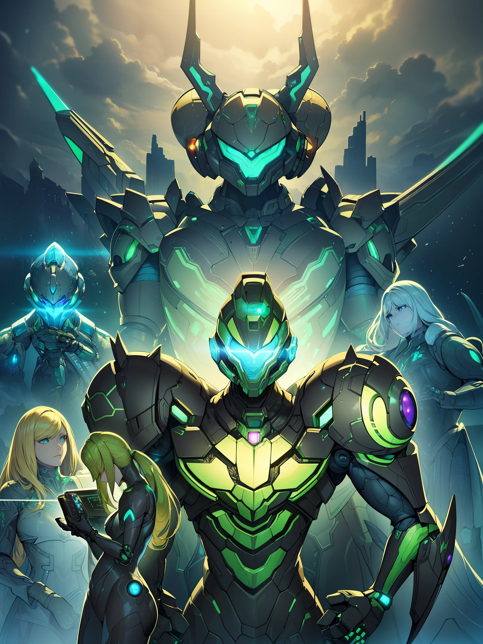 (masterpiece, best quality), intricate details, photo, realistic, unreal engine, bioluminic Mecha, humanoid robot, robot, robot joints, joints, helmet, armor, Samus Aran from metroid using her Varia Suit, rusty, alien planet, computer terminals, arc electricity, sp3ct4, dark atmosphere,