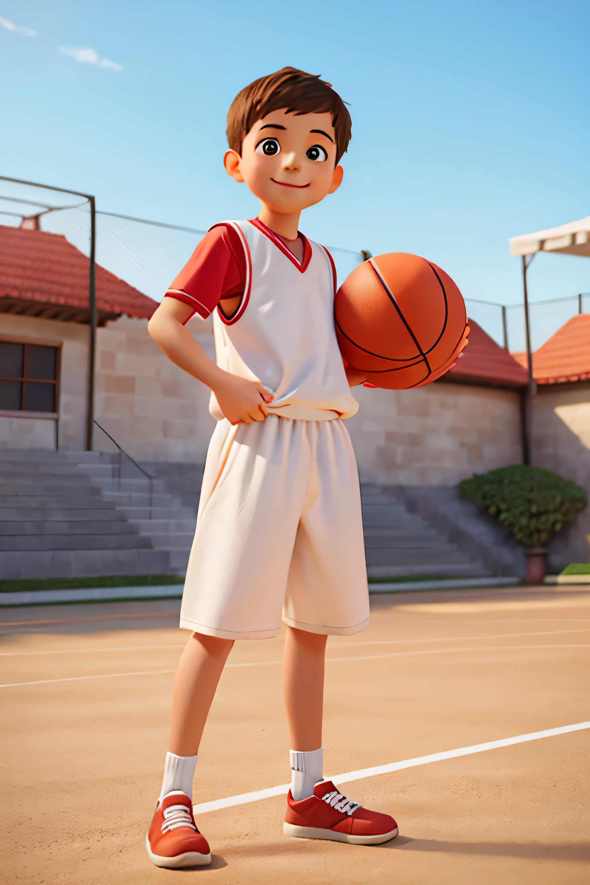 portrait shot of a young boy holding basket ball, smiling, standing pose, background is basket court with people sitting around in the background