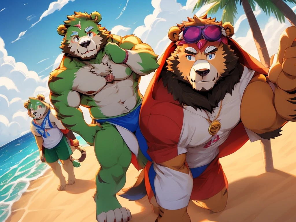 6boy, anthro ((tiger)) with anthro ((bear)) with anthro (fox) with anthro (husky) with antrho (lion) with anthro (dog), ((kosutora)) going out with ((jinpei)) with their furry friends, beach costume, playing basketball near beach coast, beach scenery, clear blue sky, white clouds, cool sunlight, bird eye views, mature, handsome