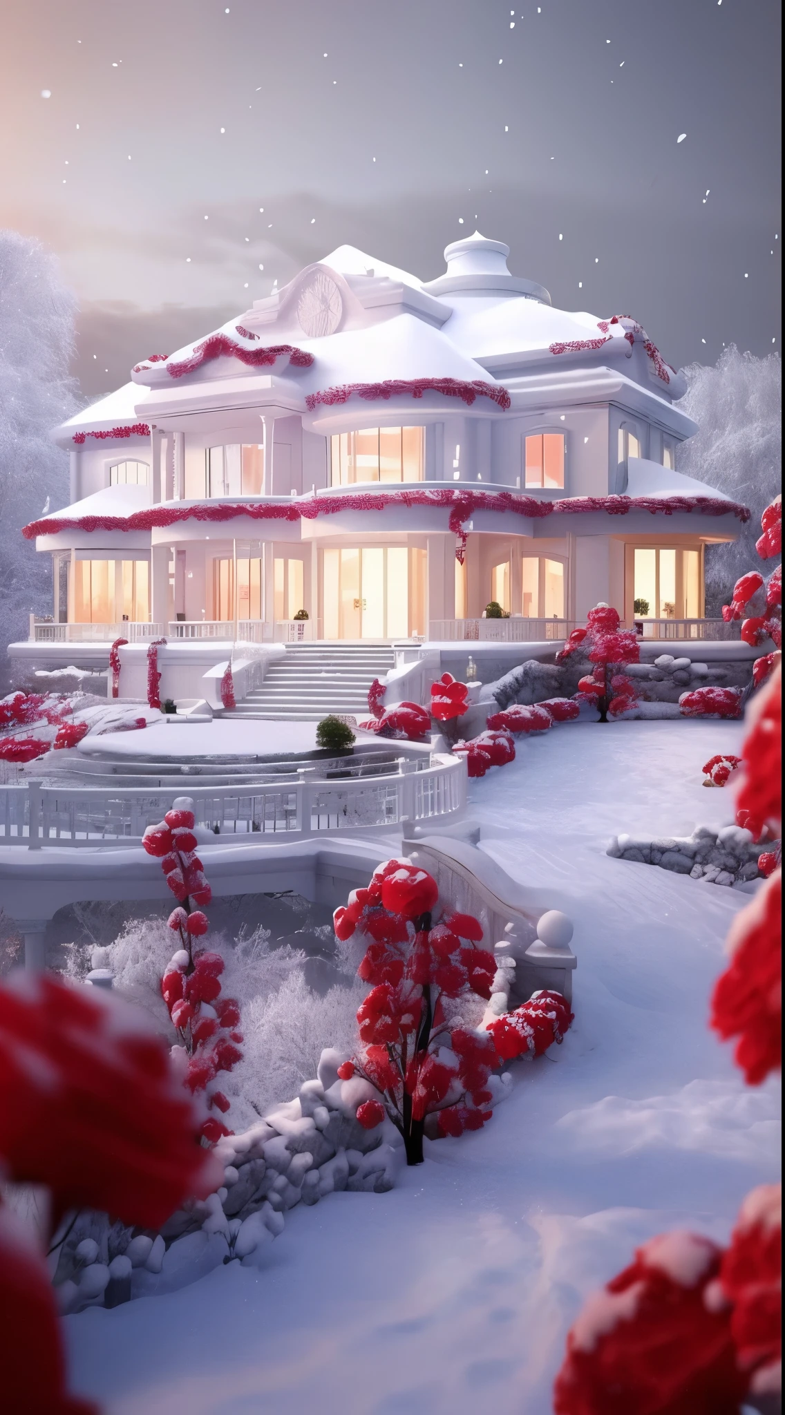 Snow scene of a house,There are a lot of safflowers, beatiful house, With red berries and icicles, of red and white colors, white and red color scheme, Beautiful and beautiful, winter setting, Winter wonderland, fantasia de cena de inverno, beautiful winter area, Snow covered colorful red, Red and white color scheme, Beautiful place, beautiful 3d render