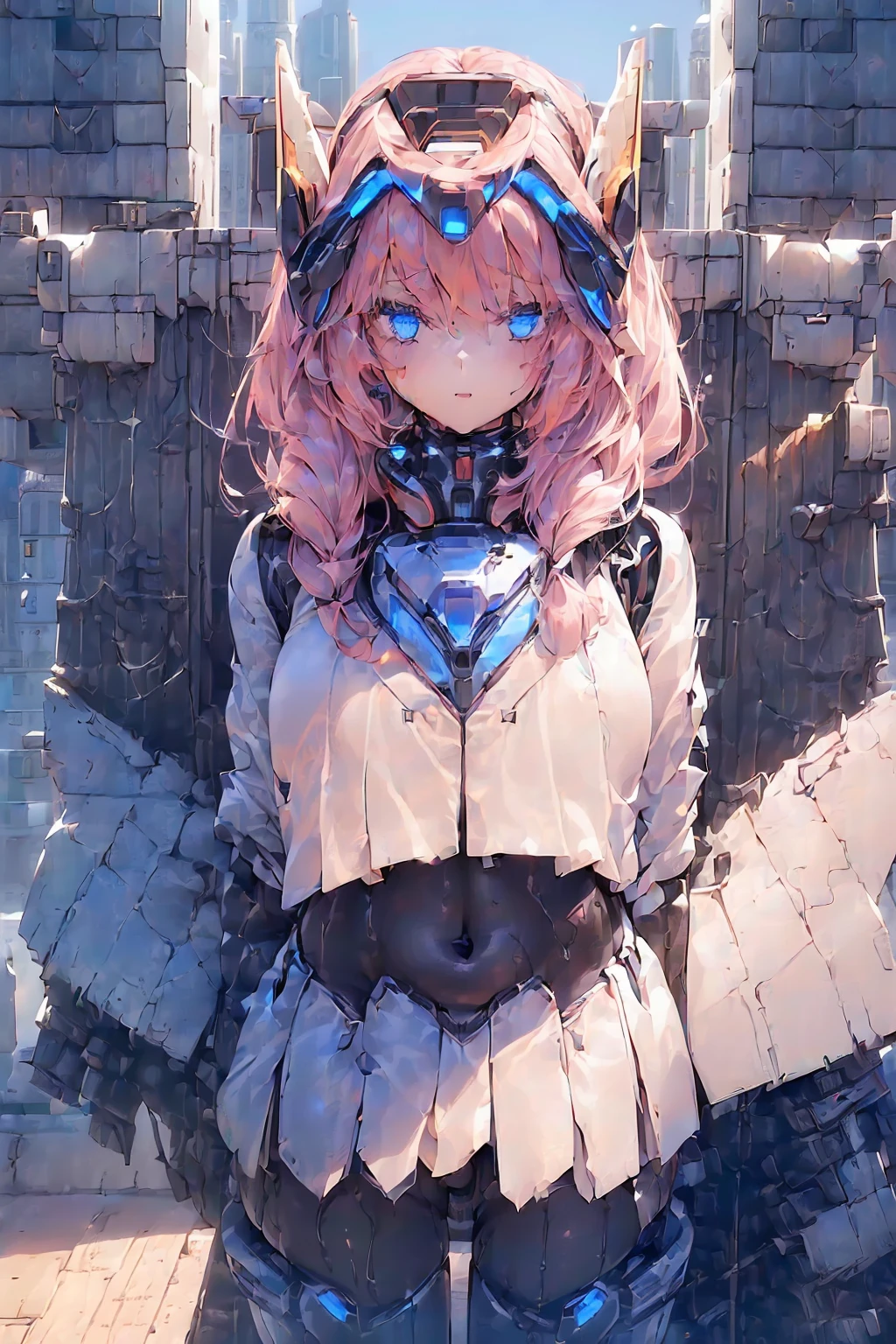 (((Girl in high-tech bodysuit flying over future city:1.5))), (future city:1.5)), visor, headgear, (small mecha wings:1.5)), mast piece, super detailed CG, super detailed details, 8K wallpaper, (perfect female figure:1.5))
