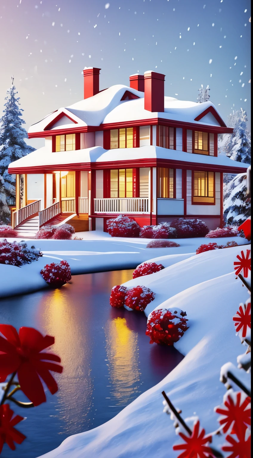 Snow scene of a house,There are a lot of safflowers, beatiful house, With red berries and icicles, of red and white colors, white and red color scheme, Beautiful and beautiful, winter setting, Winter wonderland, fantasia de cena de inverno, beautiful winter area, Snow covered colorful red, Red and white color scheme, Beautiful place, beautiful 3d render