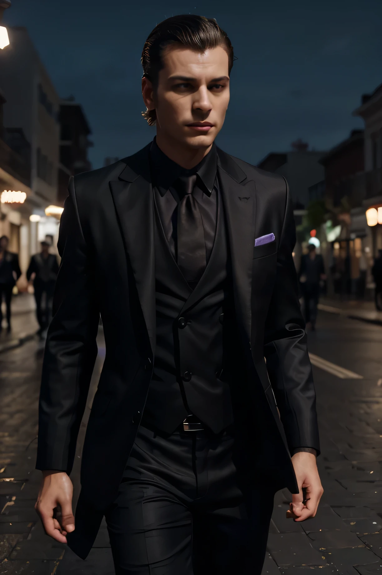 women chasing a gentleman, mid 20s, lean, dark suit, slick back hairstyle. luxury 3d, 8k
