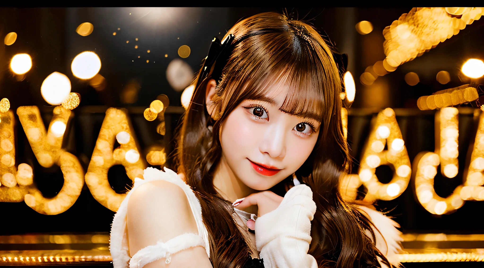 Cute hostess girl, 18 years old, wearing a golden miniskirt、The background is a snowman