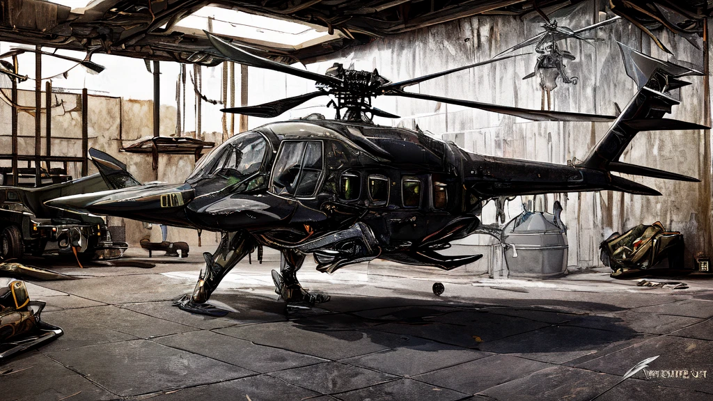 extremely detailed background of military base, HD, photorealistic, masterpiece, digital art, CGI, liquid metal nanomachine ooze coating, male human helicopter aeromorph hybridization transformation, inside military compound, cyberpunk, vehicle transformation, half human, humanoid