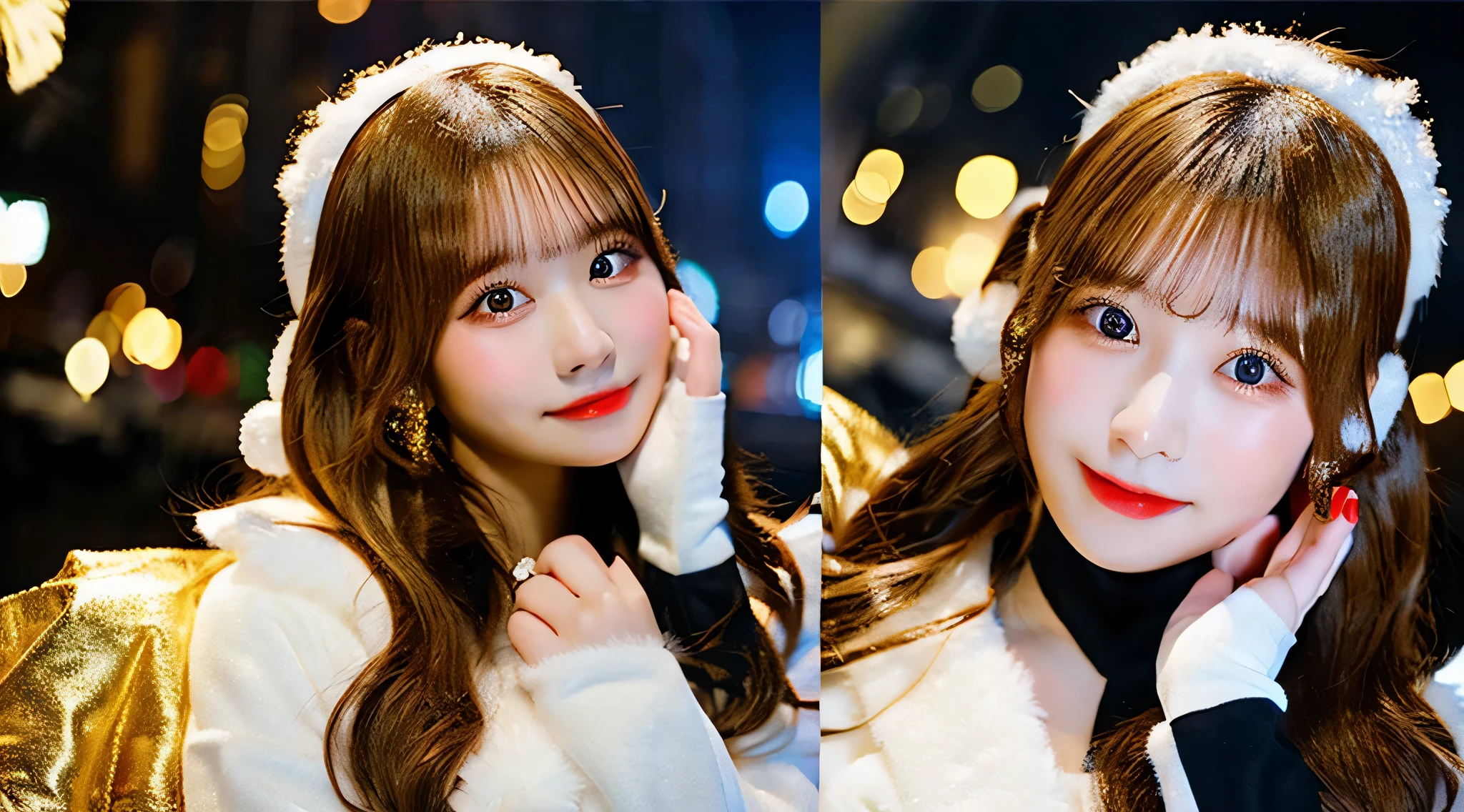 Cute hostess girl, 18 years old, wearing a golden miniskirt、The background is a snowman