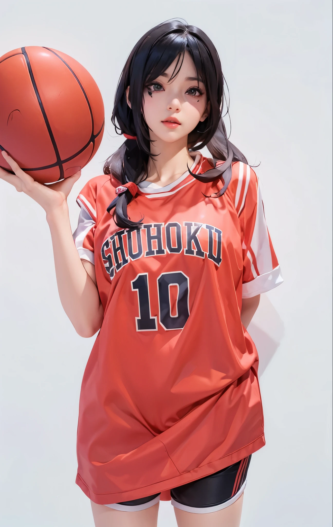 anime girl in a red uniform holding a basketball ball, wearing basketball jersey, ilya kuvshinov. 4 k, guweiz, realistic anime 3 d style, kuvshinov ilya, ilya kuvshinov style, wearing nba jersey, makoto kano, hinata hyuga, kuvshinov, wearing a volleyball jersey, sui ishida