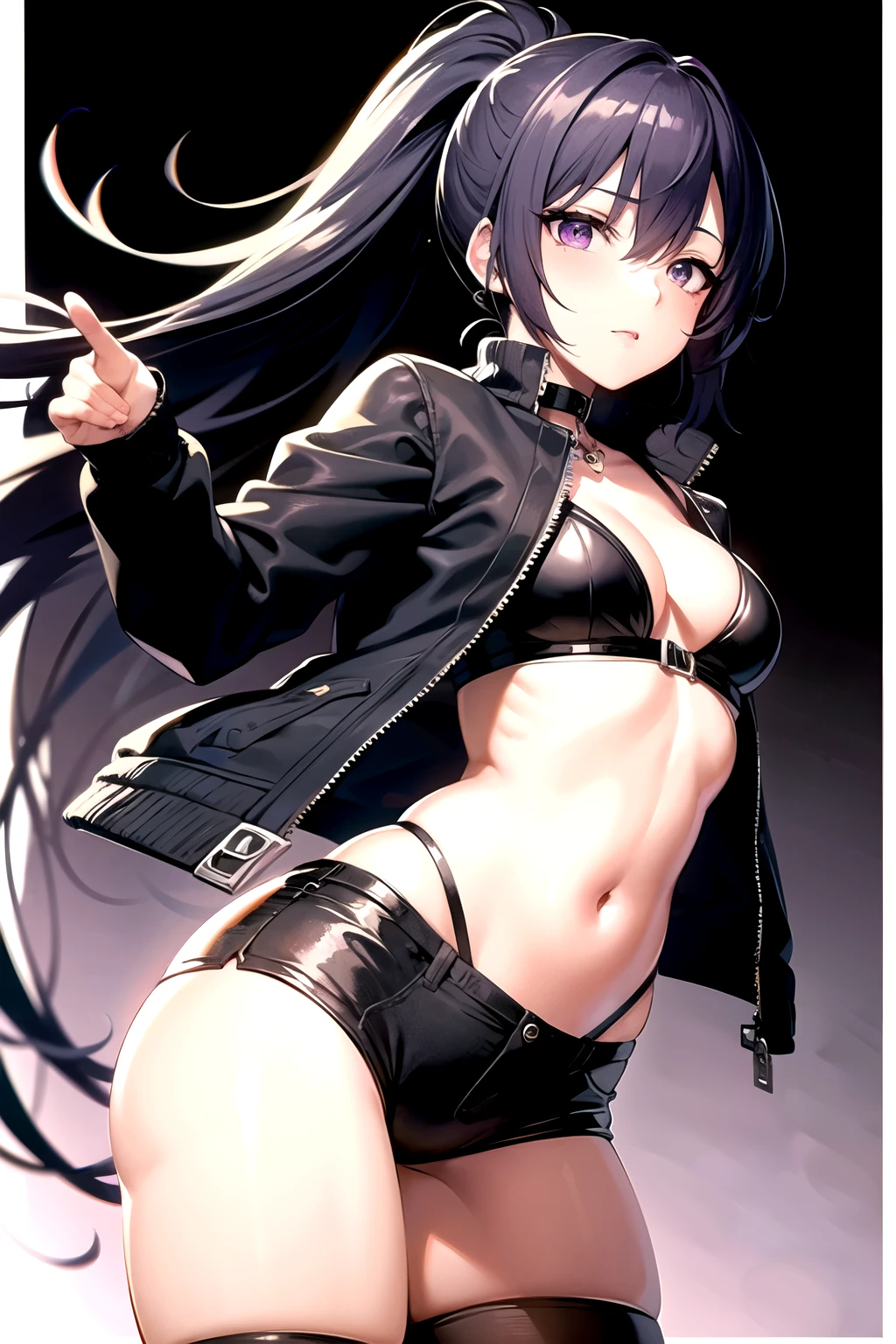 Black purple hair, ponytail hair, long hair, girl, beautiful girl, cute, sexy, wear jackets, jeans jackets, short-sleeved jackets, black panties, hot, black stocking, eyes, black and purple eyes, flower, 4K, ((masterpiece)), ((best quality)), plain black background