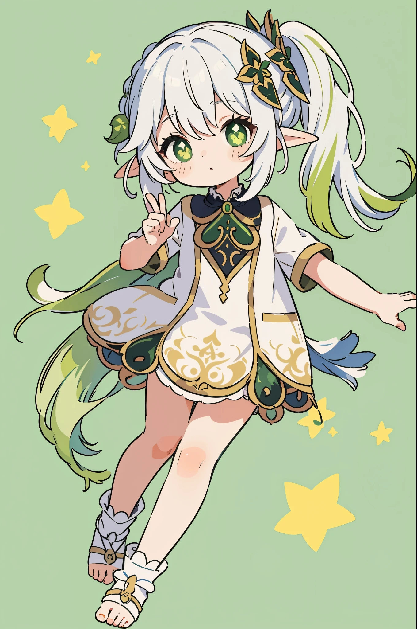 masutepiece , Best Quality,Nahida(Genshin Impact) ,1girl in , tiny chest,Long hair ,Side Ponytail, Hair Ornament , White hair , Green hair , hand behind head:1.5,multicolored hair, elf , pointy ear , School uniform , Skirt ,Cardigan,looking at the viewers, simple background