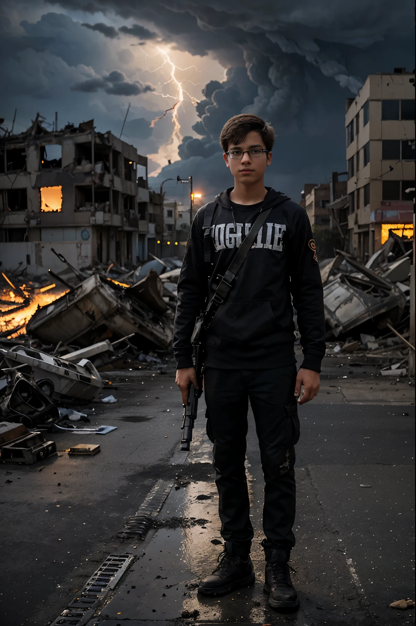 A boy with glasses holds a machine gun in his hands, stands on the street of a destroyed city, against the background of burned-out tanks, cloudy, lightning