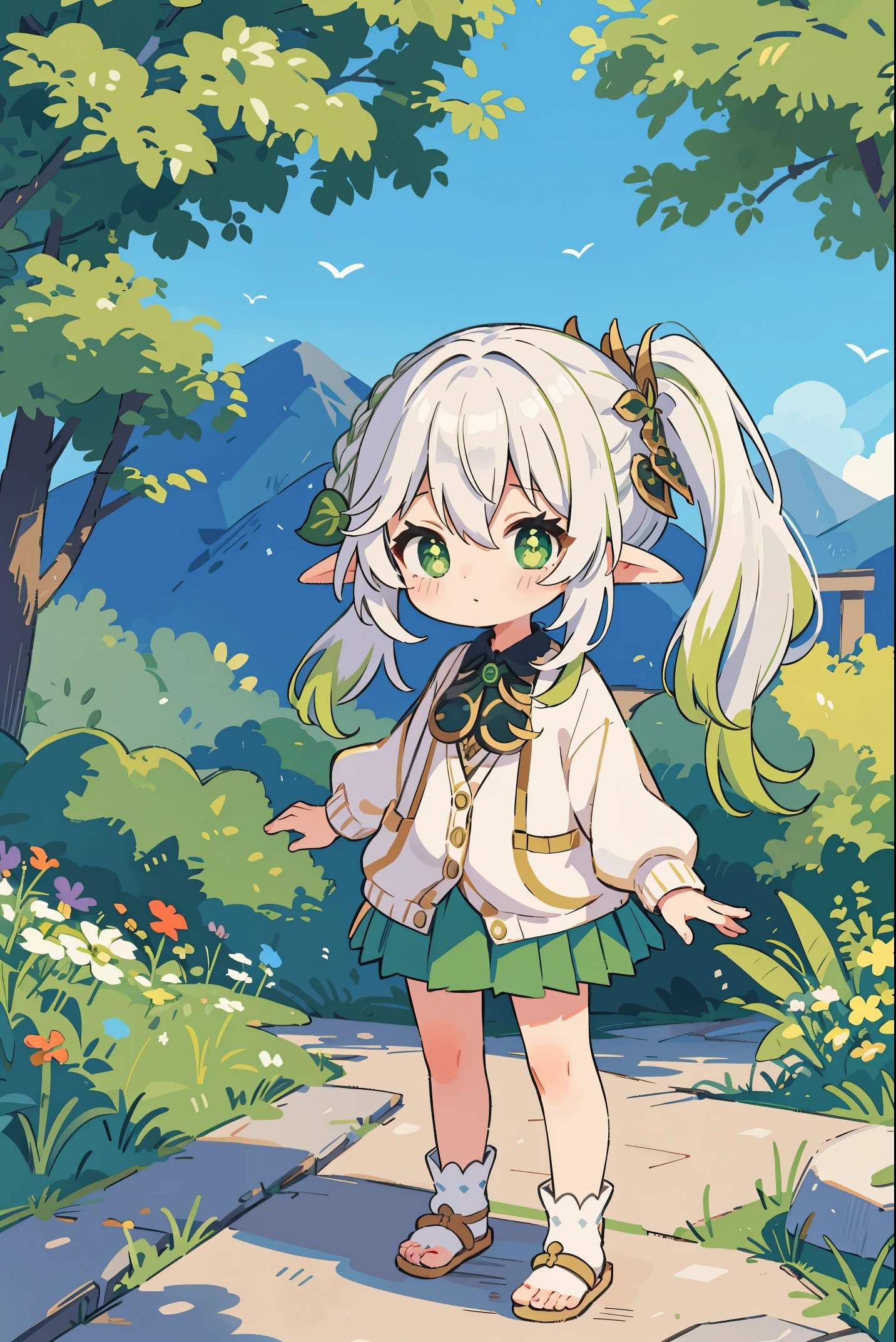 masutepiece , Best Quality,Nahida(Genshin Impact) ,1girl in , tiny chest,Long hair ,Side Ponytail, Hair Ornament , White hair , Green hair , hand behind head:1.5,multicolored hair, elf , pointy ear , School uniform , Skirt ,Cardigan,mountain road , Street,looking at the viewers