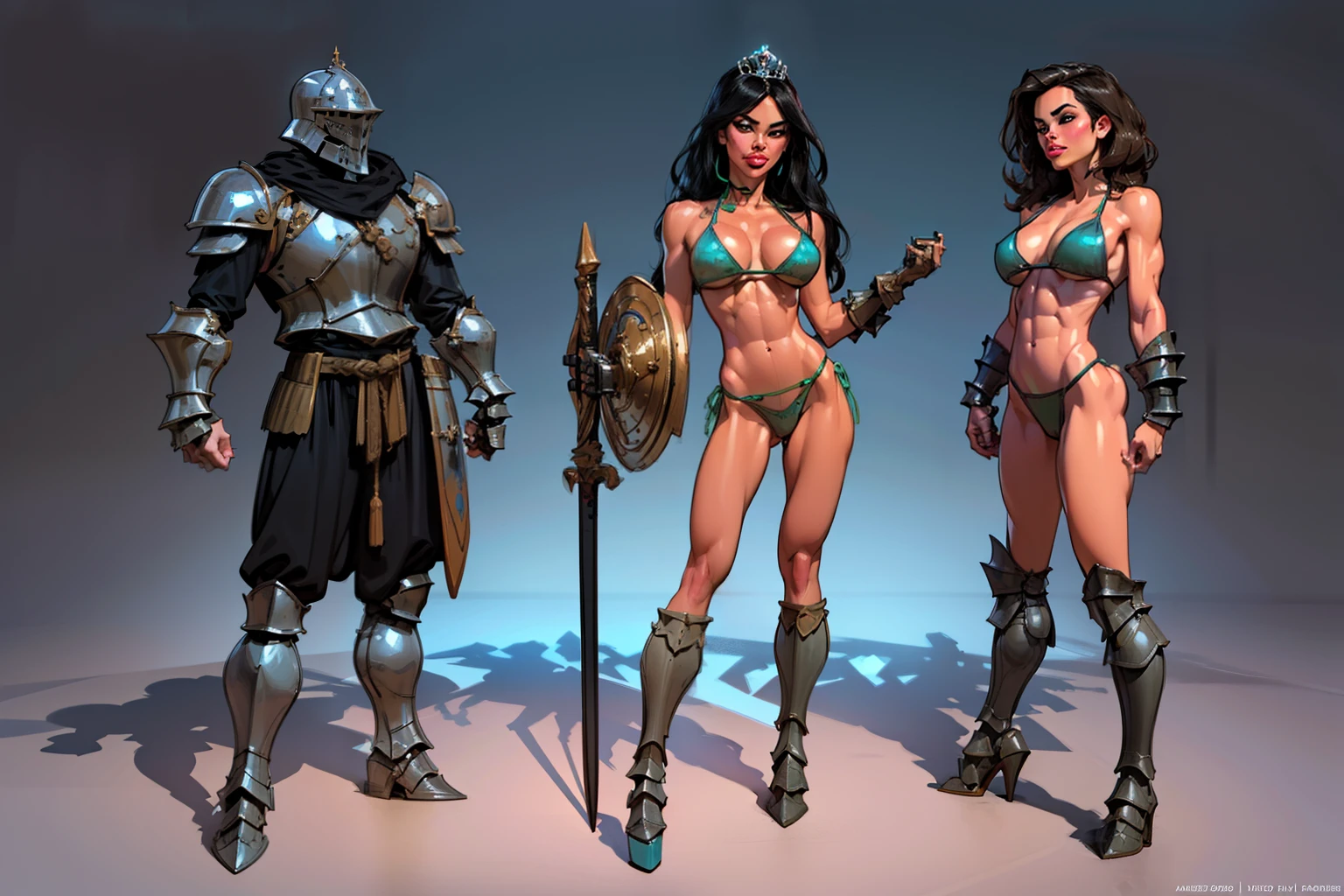 woman, ((long hair)), blackblue hair, ((beautiful)), adorned in medieval armor, twerking, metal muscles, emanating a medieval elegance and marvel, armor pump boots, chrome bra, chrome silver tiara, small armband, (shoulder armor), gauntlets, ((small armored bikini:1.5)), sword, shield, exposed midriff, (puffy lips:1.3), detailed eyes, ((slendered abs )),((huge breastull bodied), wide hips, (puffy lips:1.5), slender abs,rim lighting, side light, cinematic light, ultra high definition, 8k, film grain,best shadow, light particles, detailed skin texture, detailed gem armor texture, detailed face, intricate details, super detailed, bright, spiked heel boots