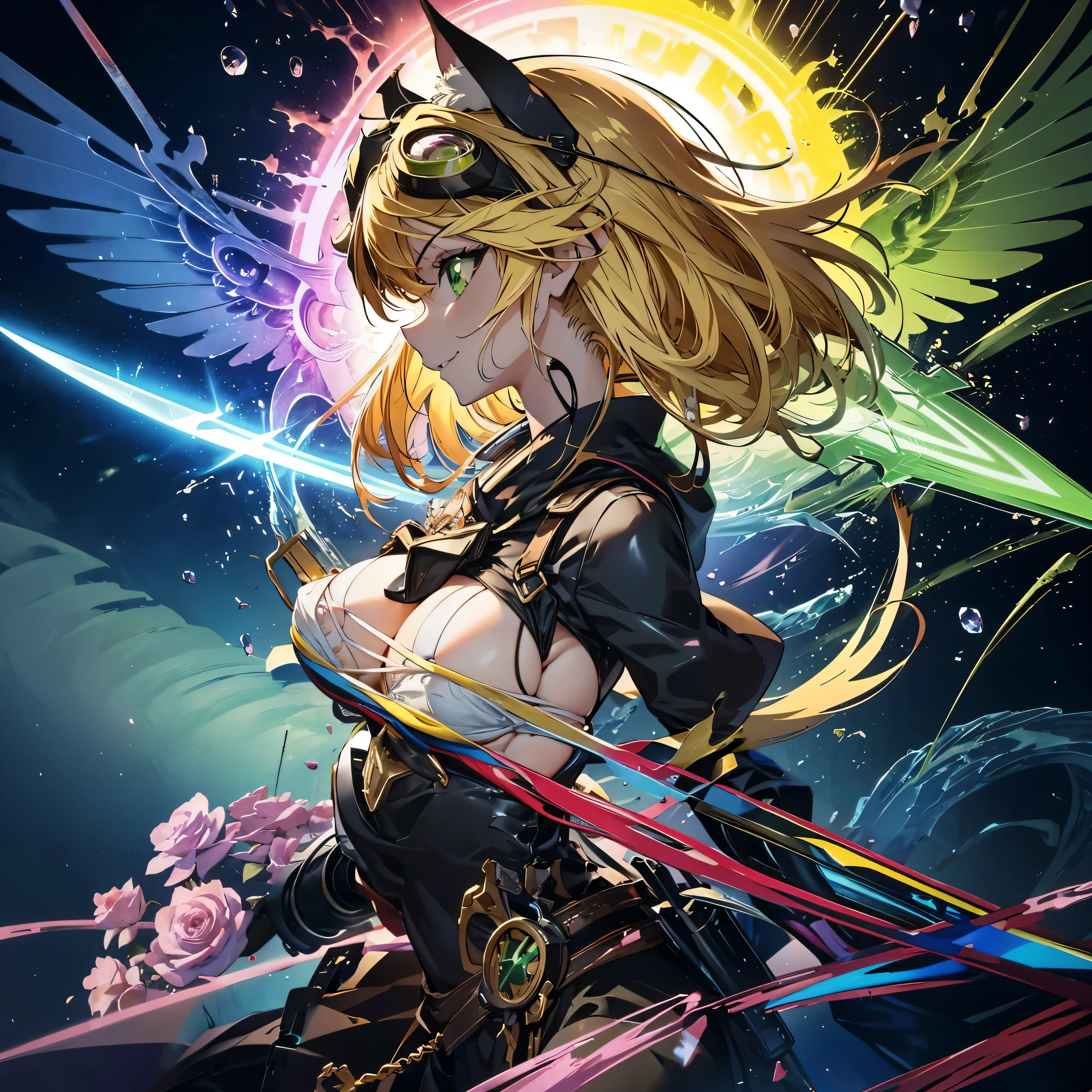 bras、large full breasts、左brasで剣を握る