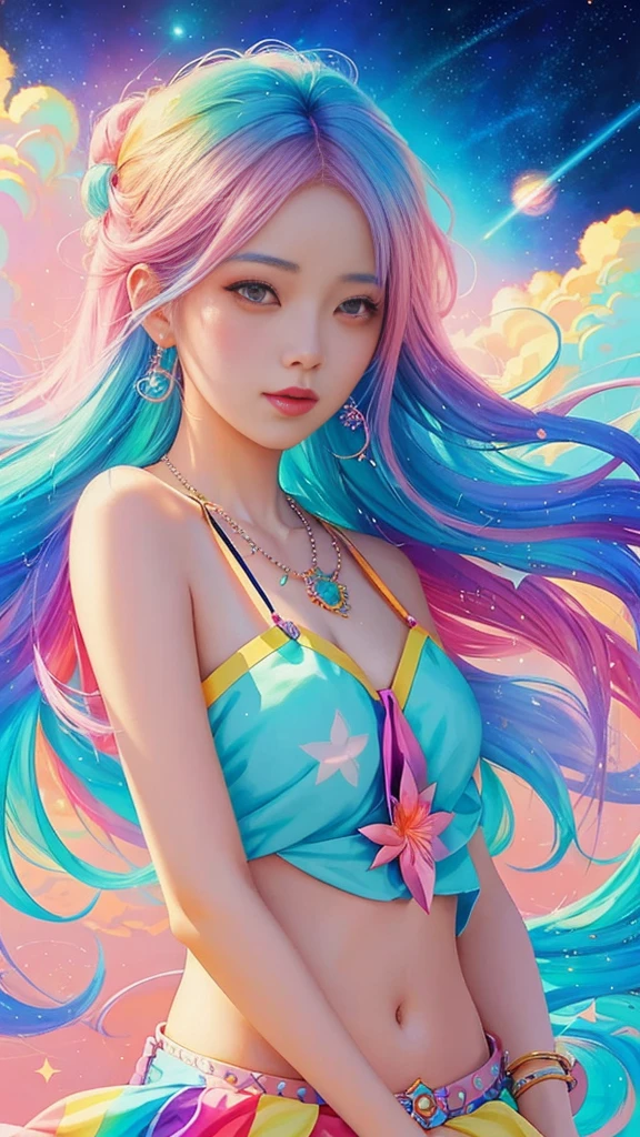 a close up of a woman with colorful hair and a necklace, anime girl with cosmic hair, rossdraws pastel vibrant, artwork in the style of guweiz, fantasy art style, colorful]”, vibrant fantasy style, rossdraws cartoon vibrant, cosmic and colorful, guweiz, colorfull digital fantasy art, stunning art style, beautiful anime style