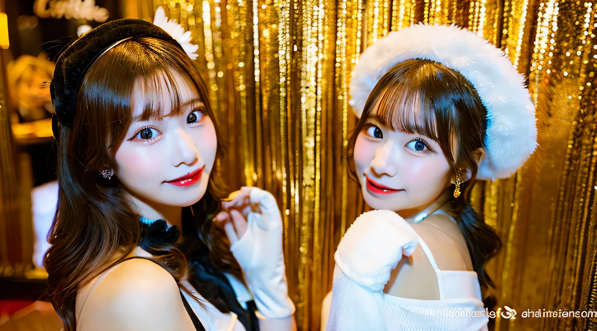 Cute hostess girl, 18 years old, wearing a golden miniskirt、The background is a snowman