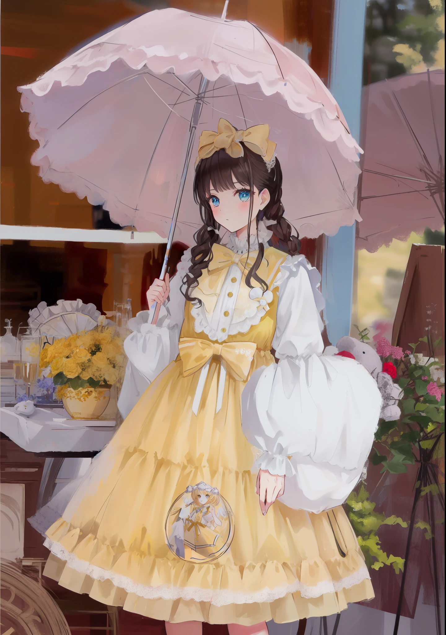 (painting:1.3), (blurry:1.3), (blurry drawing:1.3), araffe girl in a yellow dress holding an umbrella and a teddy bear, lolita style, lolita fashion, wearing wheat yellow gauze, portrait of magical lolita girl, kawaii style, loli, fairycore, dreamy style, victorian gothic lolita fashion, yellow parasol, yellow clothes, with yellow cloths, style of magical girl, lolita, angelic pretty