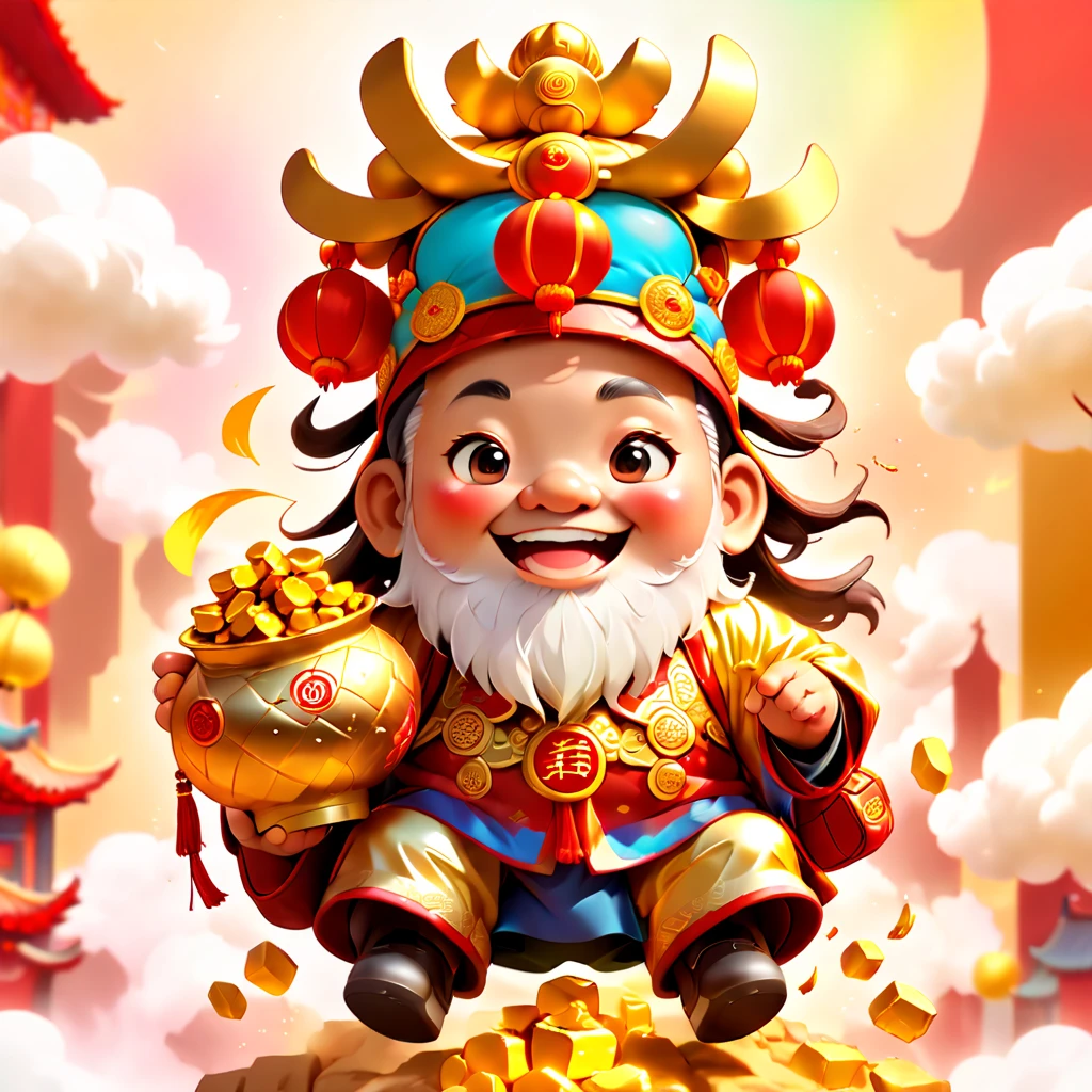 (closeup of face: 1.8),3D character rendering,(Vector illustration style),(China - Chic Chinese Mythical God of Wealth, Anatomically correct, Oriental elements), (Laughing cute God of Wealth,riding an electric bike,The backpack is full of gold ingots,Treasures follow), (Chinese color, senior color matching, gradient backgrounds, white backgrounid: 1.5), (The is very detailed, Well designed, Clear lines, k hd, Best quality at best, tmasterpiece, offcial art, movie light effect, 8K),((Chinese element background,Auspicious cloud background)), (Perspectives, first person perspective, Ghibli-style colors, with light glowing, 电影灯光, 超k hd, tmasterpiece, acurate, Anatomically correct, ctextured skin, super detailing, high detal, high qulity, Award-Awarded), Pop Mart blind box, 3 Rendering