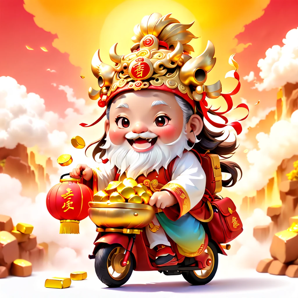 (closeup of face: 1.8),3D character rendering,(Vector illustration style),(China - Chic Chinese Mythical God of Wealth, Anatomically correct, Oriental elements), (Laughing cute God of Wealth,riding an electric bike,The backpack is full of gold ingots,Treasures follow), (Chinese color, senior color matching, gradient backgrounds, white backgrounid: 1.5), (The is very detailed, Well designed, Clear lines, k hd, Best quality at best, tmasterpiece, offcial art, movie light effect, 8K),((Chinese element background,Auspicious cloud background)), (Perspectives, first person perspective, Ghibli-style colors, with light glowing, 电影灯光, 超k hd, tmasterpiece, acurate, Anatomically correct, ctextured skin, super detailing, high detal, high qulity, Award-Awarded), Pop Mart blind box, 3 Rendering