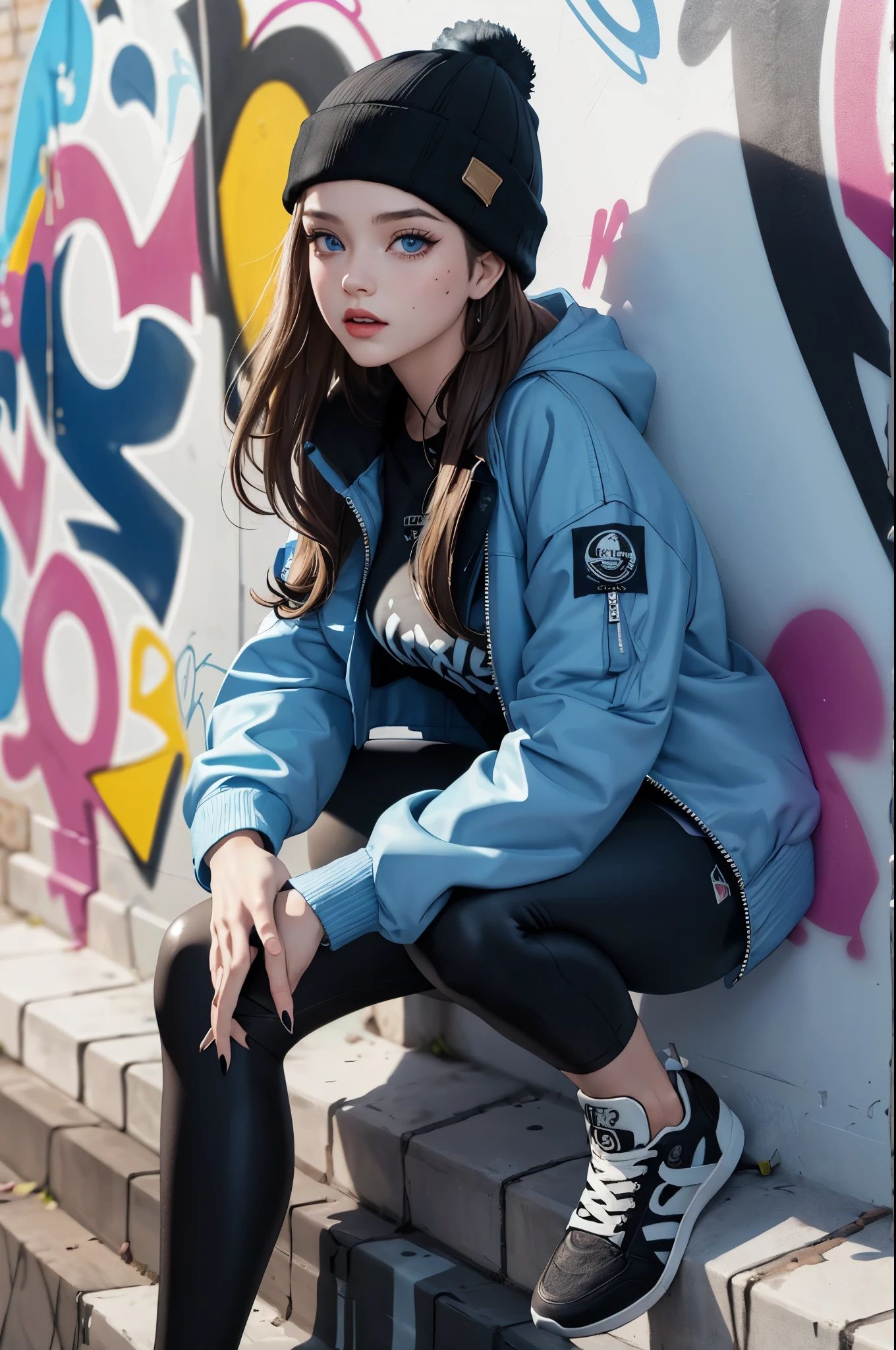 (masterpiece:1.2, best quality), (graffiti wall:1.15), 1lady, beanie, jacket, Leggings, blue eyes, fullbody,