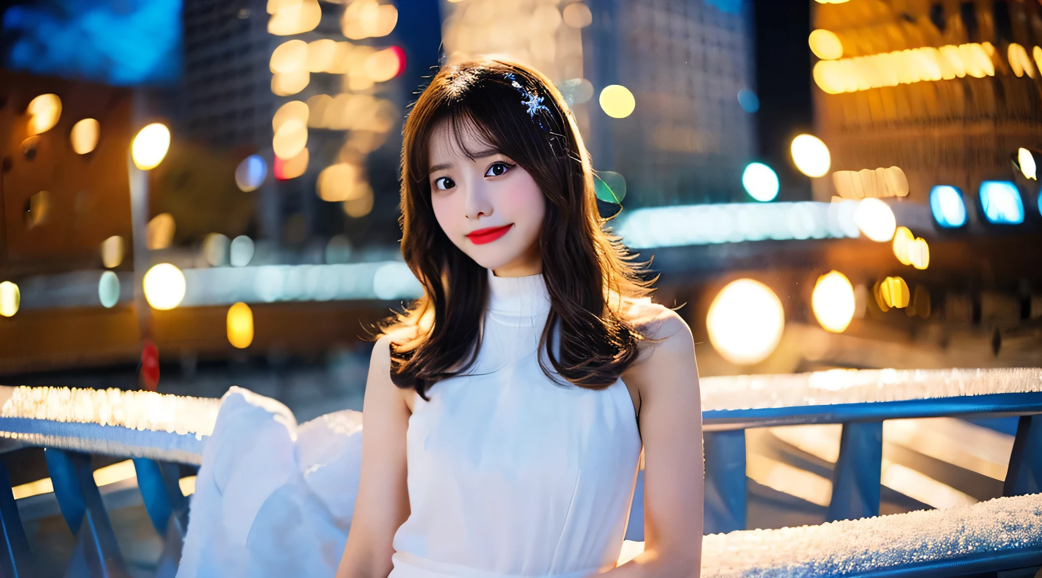 Cute lace queen 18 years old wearing a golden miniskirt、The background is a snowman