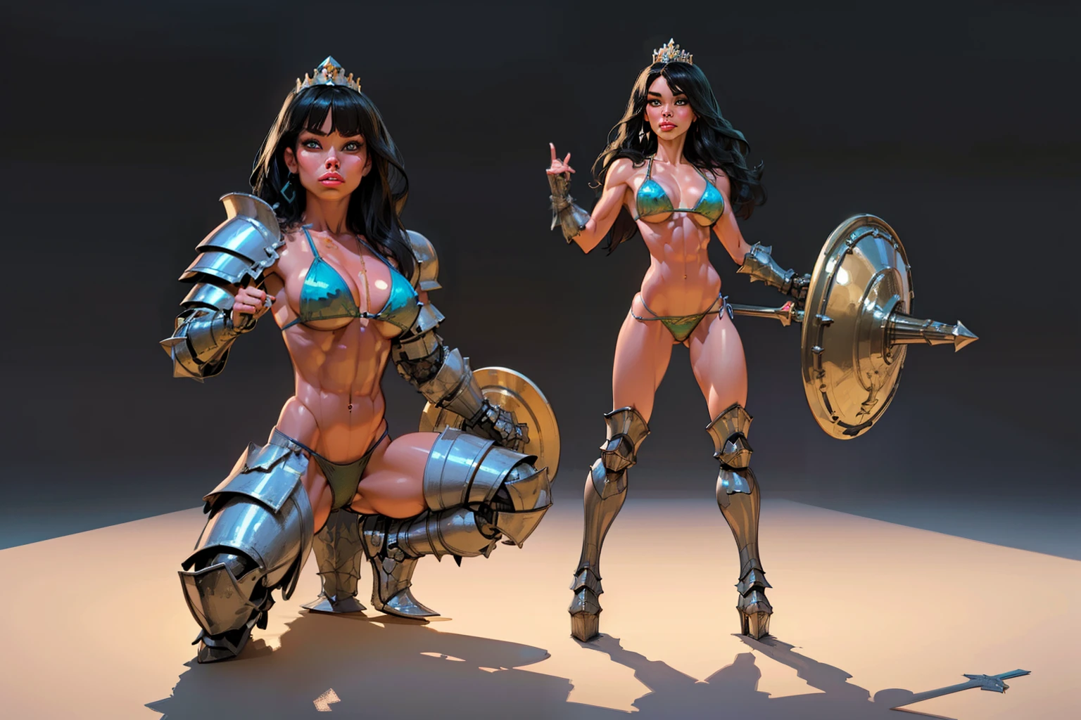 woman, ((long hair)), blackblue hair, ((beautiful)), adorned in medieval armor, twerking, metal muscles, emanating a medieval elegance and marvel, armor pump boots, chrome bra, chrome silver tiara, small armband, (shoulder armor), gauntlets, ((small armored bikini:1.5)), sword, shield, exposed midriff, (puffy lips:1.3), detailed eyes, ((slendered abs )),((huge breastull bodied), wide hips, (puffy lips:1.5), slender abs,rim lighting, side light, cinematic light, ultra high definition, 8k, film grain,best shadow, light particles, detailed skin texture, detailed gem armor texture, detailed face, intricate details, super detailed, bright, spiked heel boots