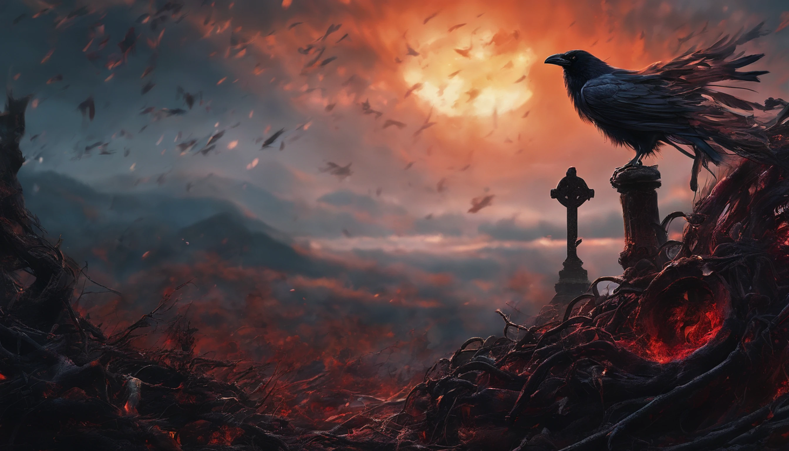 A crow is sitting on a large skull suspended from chains., photorealistic dark concept art, apocalyptic art, highly realistic concept art, detailed 4k horror artwork, 4Kighly detailedなデジタルアート, 4k concept art and hyperrealism, stylized fantasy artwork, Spooky nostalgic concept art, Surreal concept art, Blood gushes out、look up sky, World of Death, Reminiscent of death, the chaos、red fluid、Ash is fluttering、Floating debris、Giant float、World of Death、Grave marker of the cross、(Photo Real:1.4)、taken with canon 5d mk4, taken with canon eos 5 d mark iv, Shot with Canon EOA 6 D Mark II, ighly detailedな顔と肌の質感、 Detailed eyes、二重まぶた、ighly detailed, finely detail, ​masterpiece, top-quality, ultra-detailliert、Dust、the wind