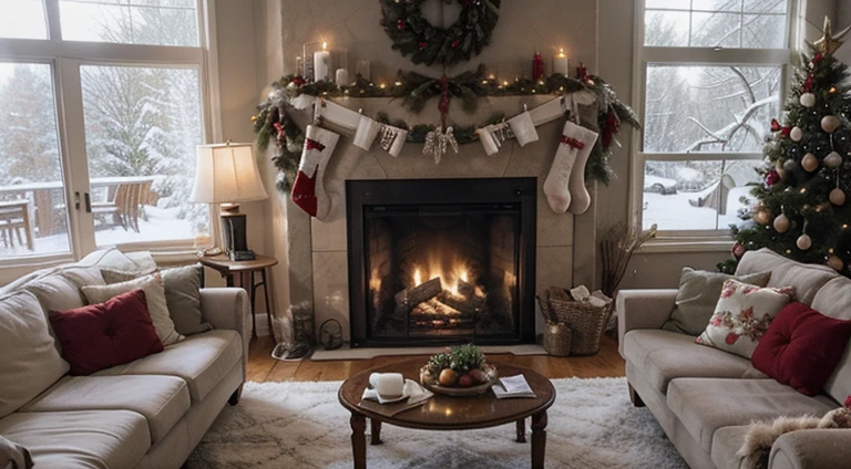 Step into a cozy living room adorned with Christmas decorations, as the fireplace crackles and the snow falls gently outside