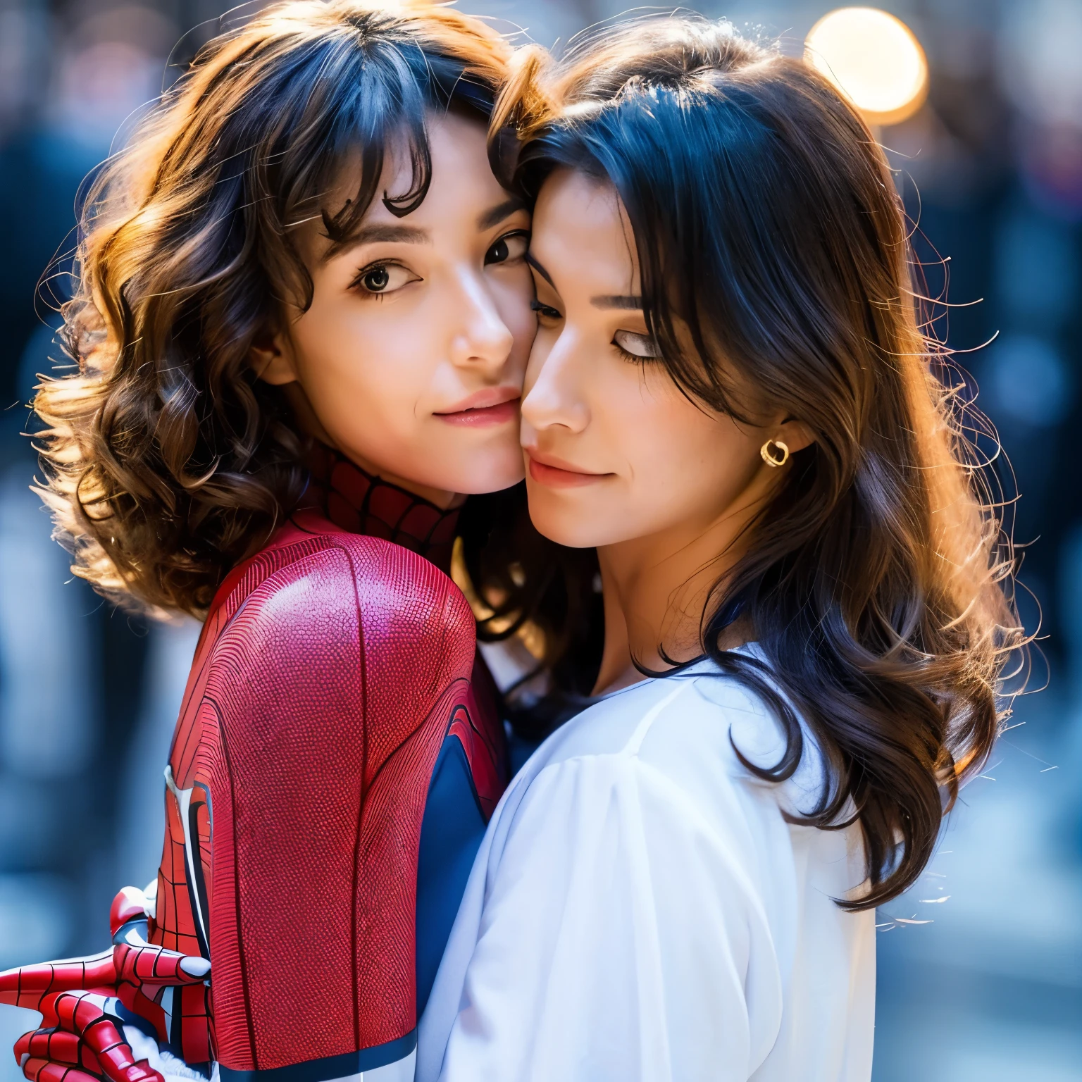 Brunette woman with curls kissing spider man without mask