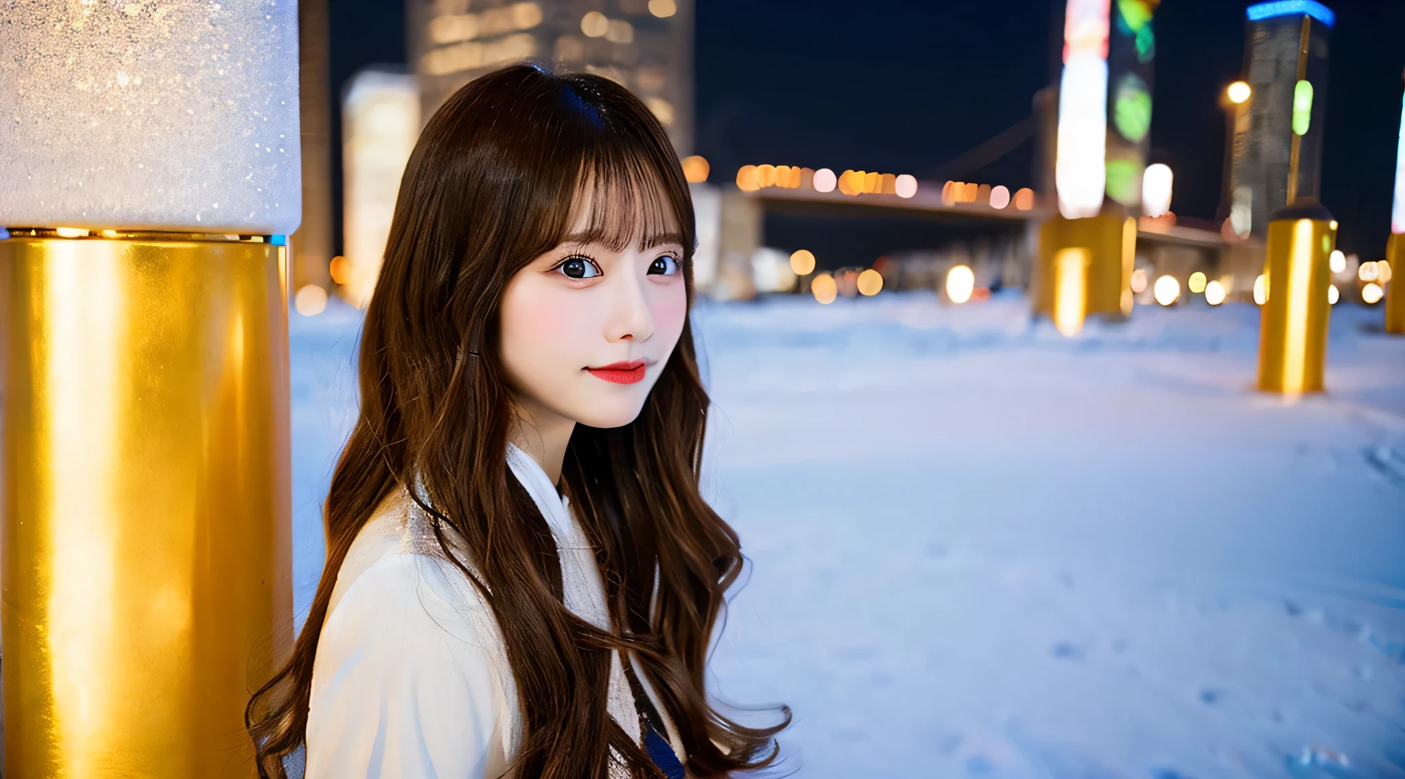 Cute lace queen 18 years old wearing a golden miniskirt、The background is a snowman