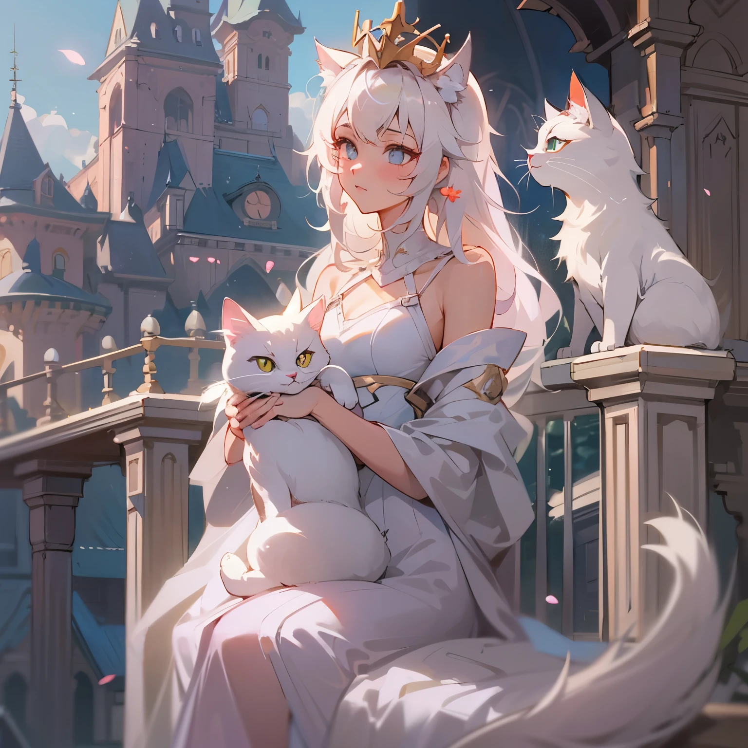 There is a girl wearing a crown holding a small and cute white cat, blond-haired princess, On the balcony of the castle，Fairy tale illustration image style, Beautiful two-dimensional anime catwoman, white cat girl, Guweiz style artwork, very beautiful cute catgirl, Cute and detailed digital art, Very beautiful anime cat girl, Artgerm and Atey Ghailan, Anime princess, guweiz